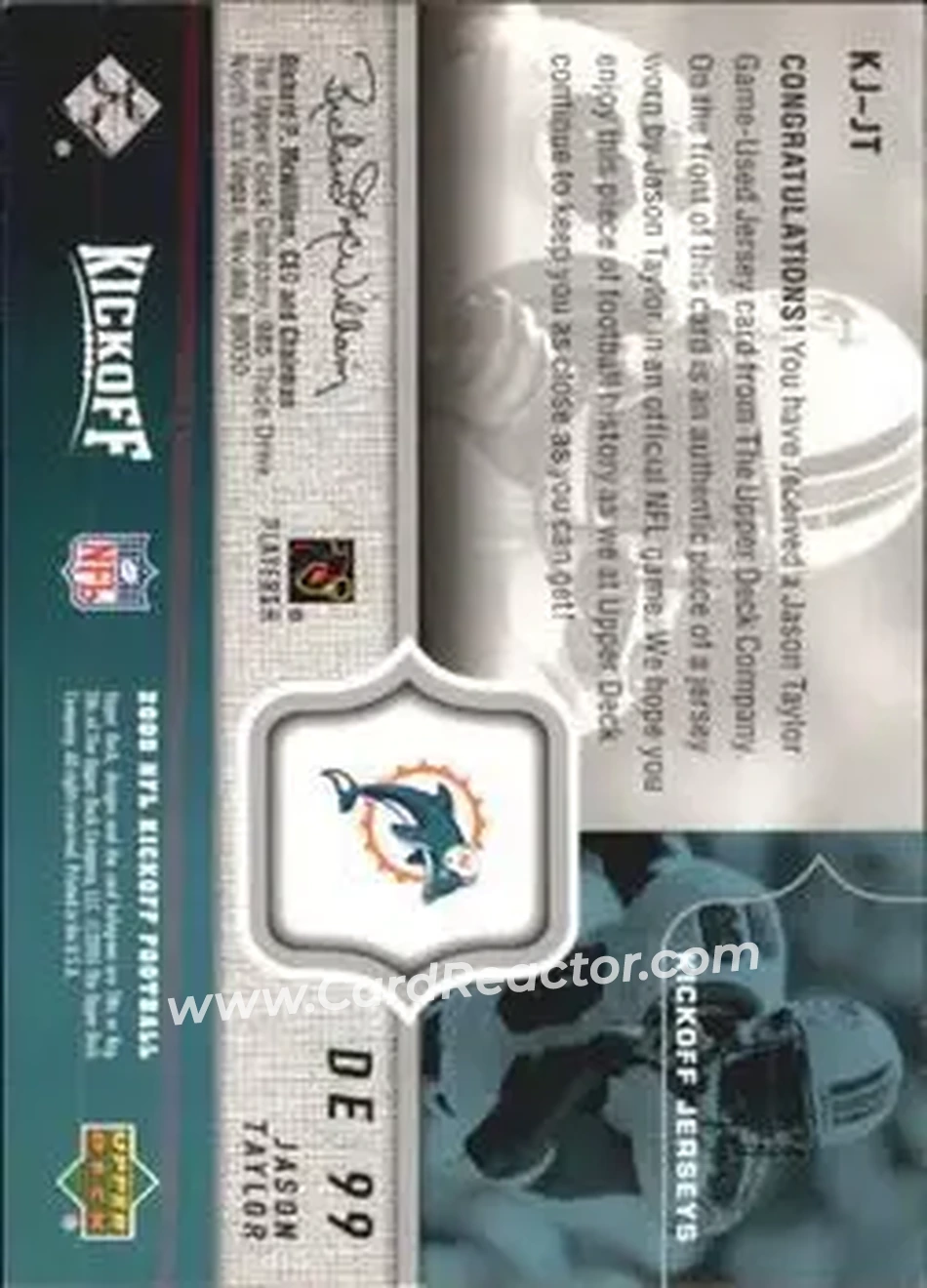 2005 Upper Deck Kickoff - Game Jerseys #KJ-JT - Jason Taylor - Miami Dolphins - Back
