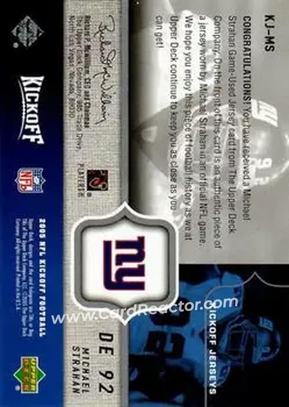 2005 Upper Deck Kickoff - Game Jerseys #KJ-MS - Michael Strahan - New York Giants - Back