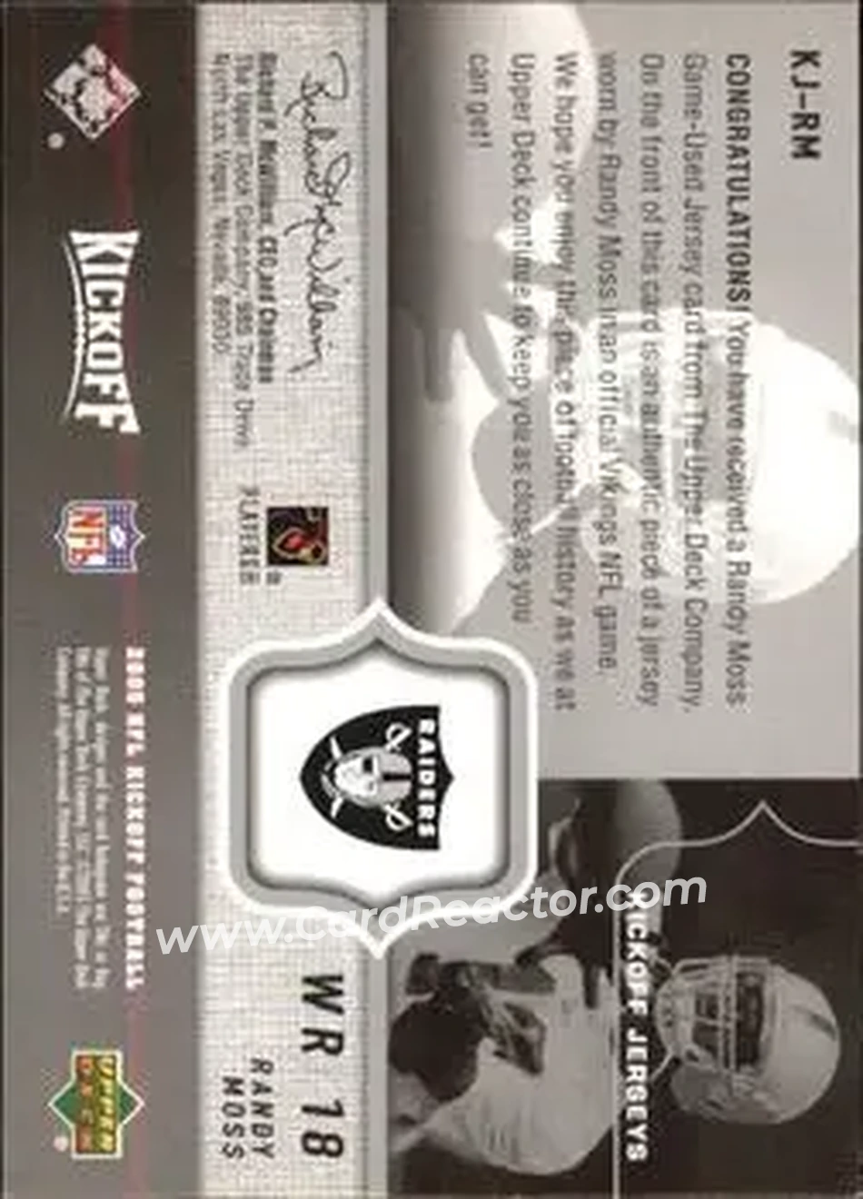 2005 Upper Deck Kickoff - Game Jerseys #KJ-RM - Randy Moss - Oakland Raiders - Back