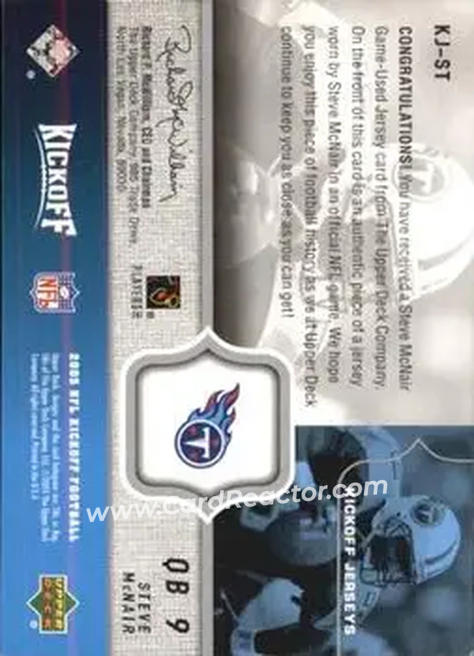 2005 Upper Deck Kickoff - Game Jerseys #KJ-ST - Steve McNair - Tennessee Titans - Back