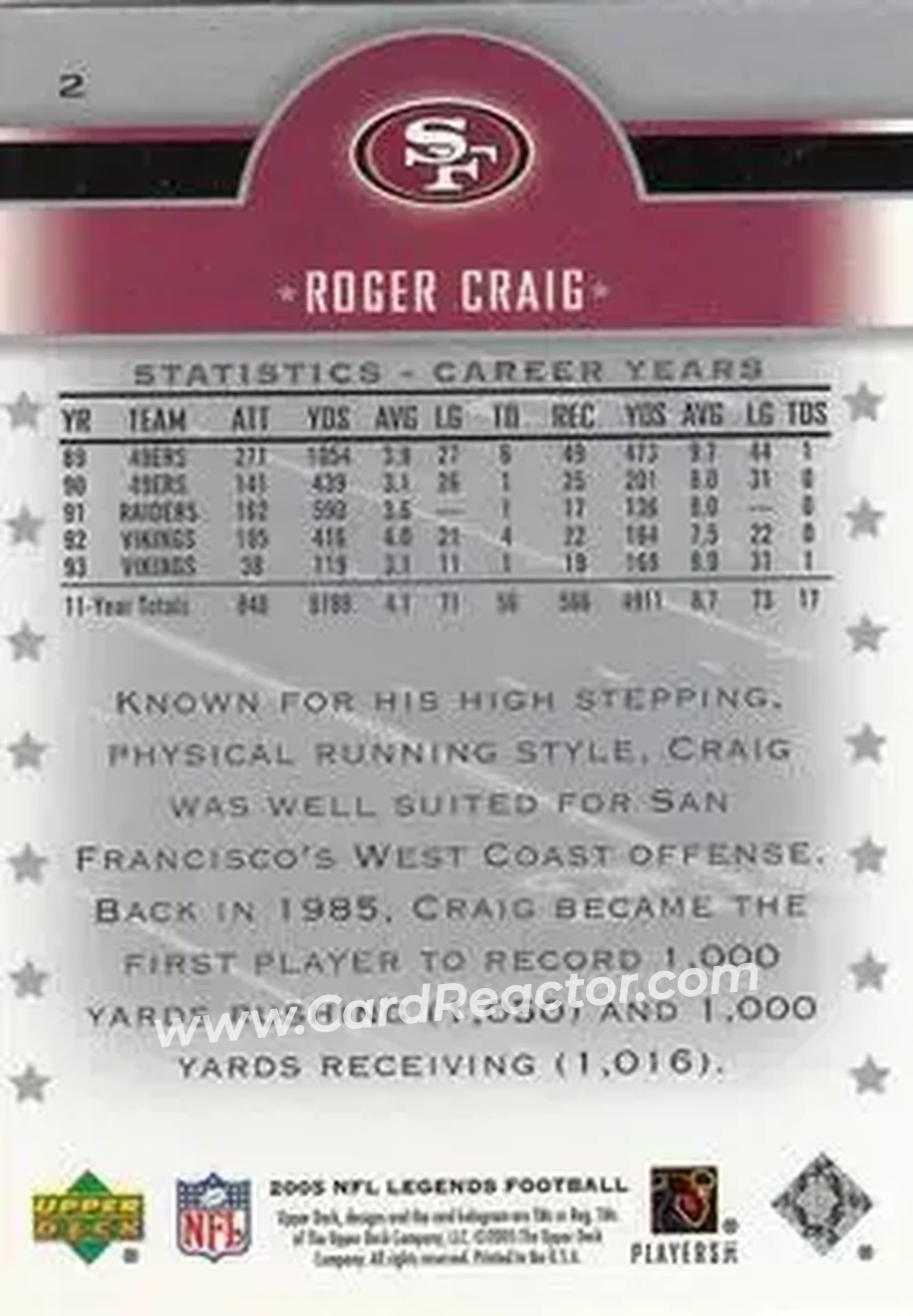 2005 Upper Deck Legends #2 - Roger Craig - San Francisco 49ers - Back 2005 Upper Deck Legends #2 - Roger Craig - San Francisco 49ers - Back
