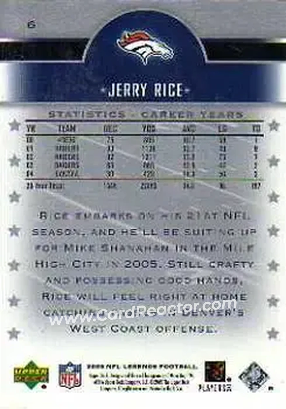 2005 Upper Deck Legends #6 - Jerry Rice - Denver Broncos - Back