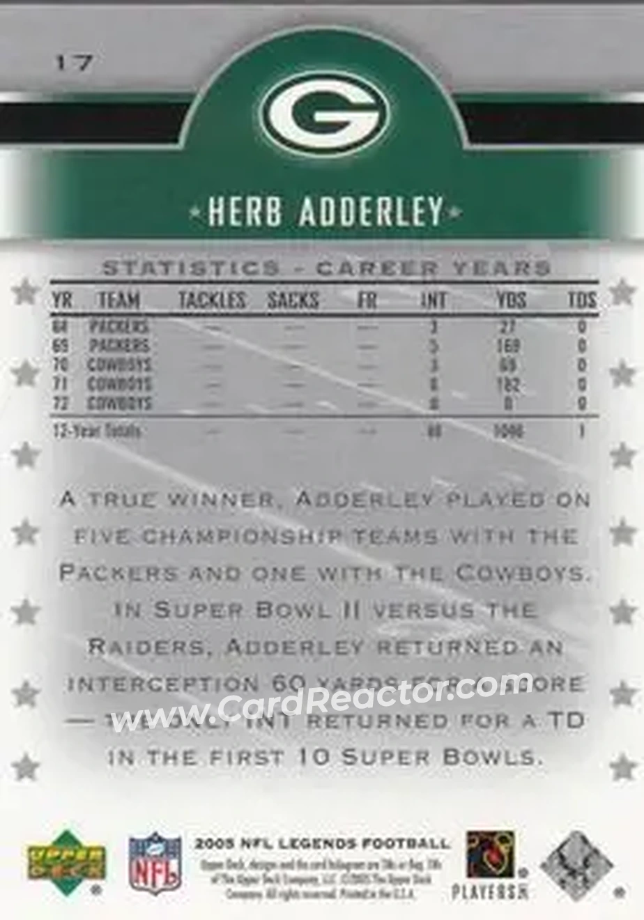 2005 Upper Deck Legends #17 - Herb Adderley - Green Bay Packers - Back 2005 Upper Deck Legends #17 - Herb Adderley - Green Bay Packers - Back