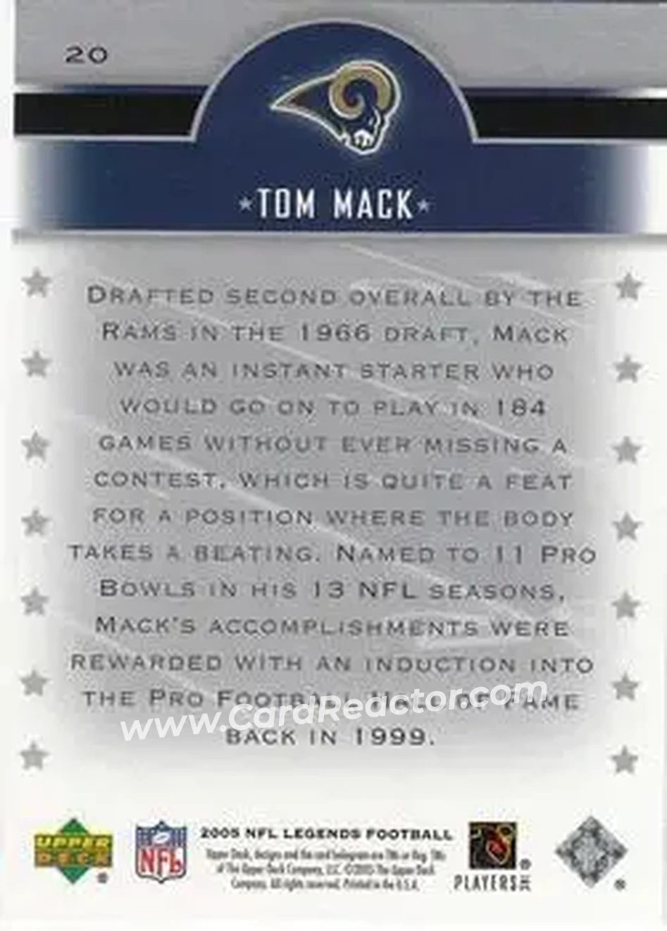 2005 Upper Deck Legends #20 - Tom Mack - Los Angeles Rams - Back
