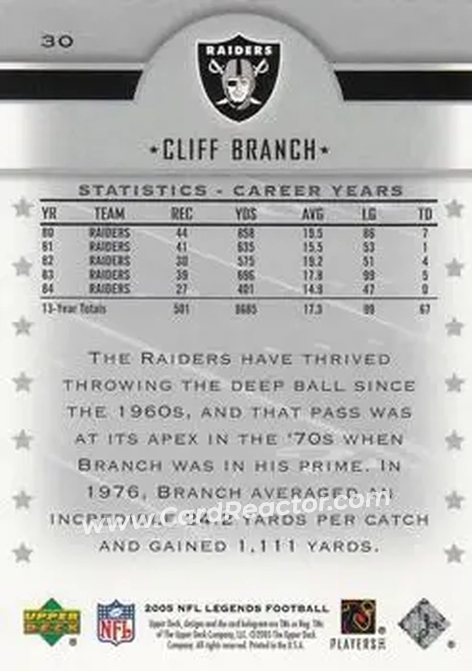 2005 Upper Deck Legends #30 - Cliff Branch - Oakland Raiders - Back