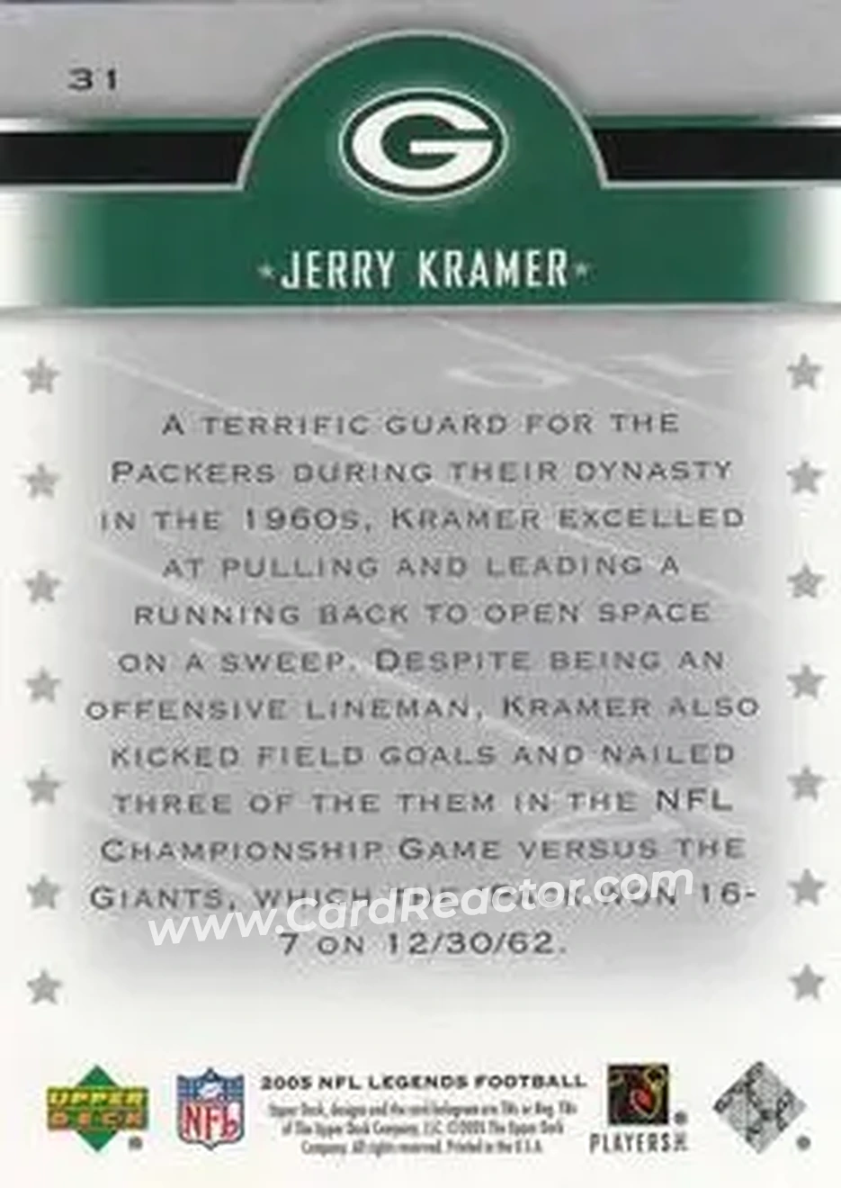 2005 Upper Deck Legends #31 - Jerry Kramer - Green Bay Packers - Back