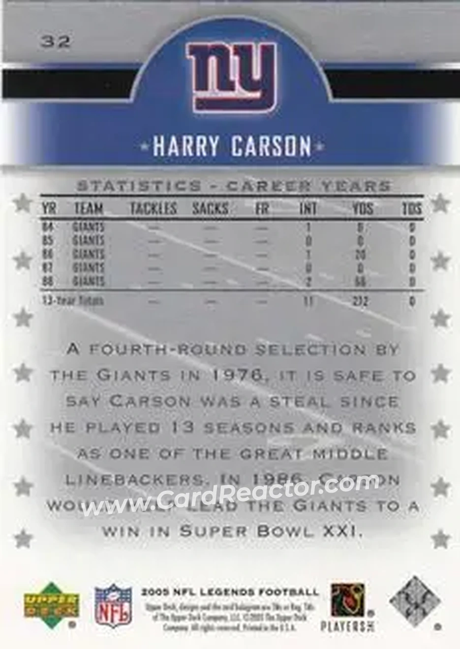 2005 Upper Deck Legends #32 - Harry Carson - New York Giants - Back 2005 Upper Deck Legends #32 - Harry Carson - New York Giants - Back