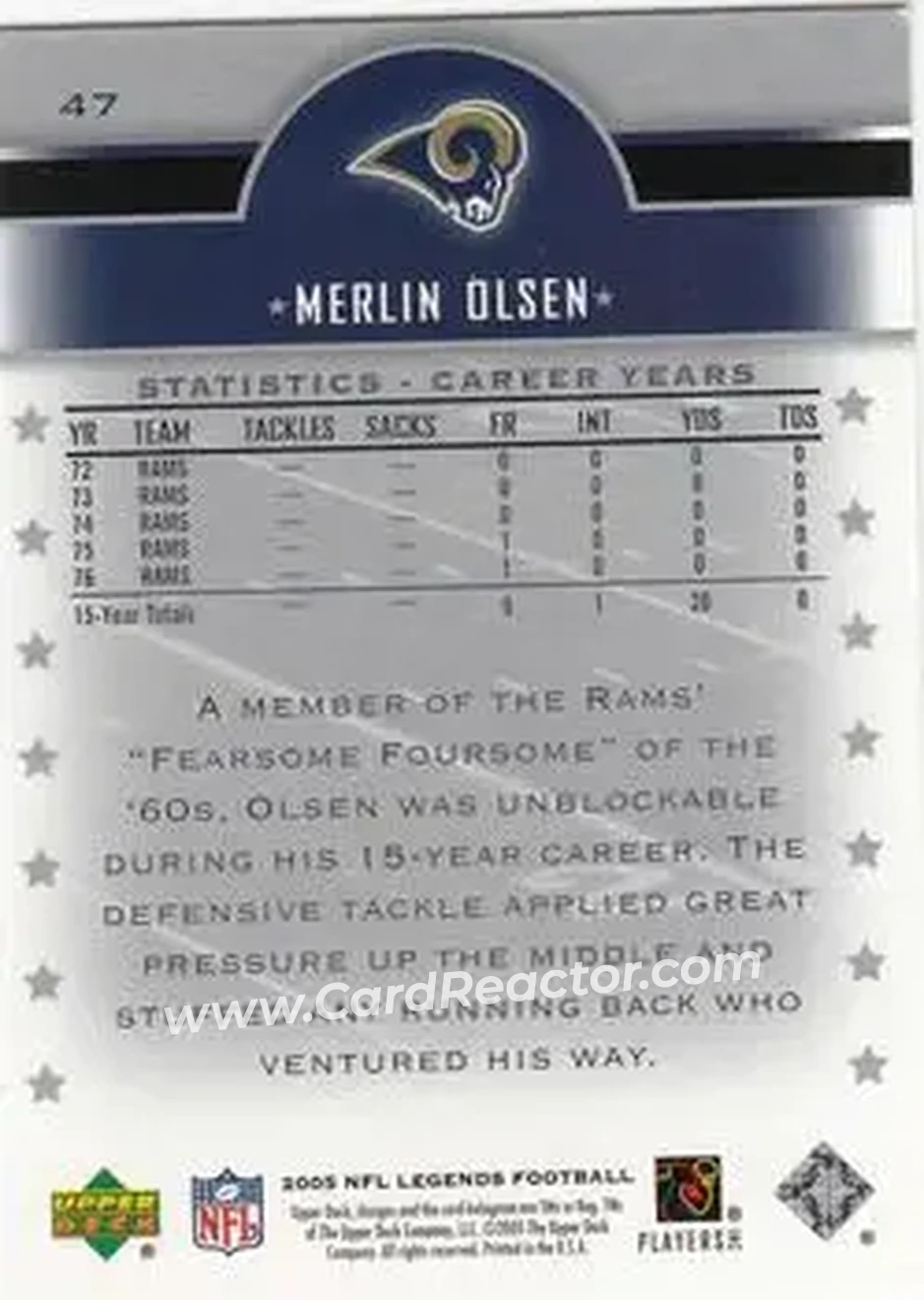 2005 Upper Deck Legends #47 - Merlin Olsen - Los Angeles Rams - Back 2005 Upper Deck Legends #47 - Merlin Olsen - Los Angeles Rams - Back