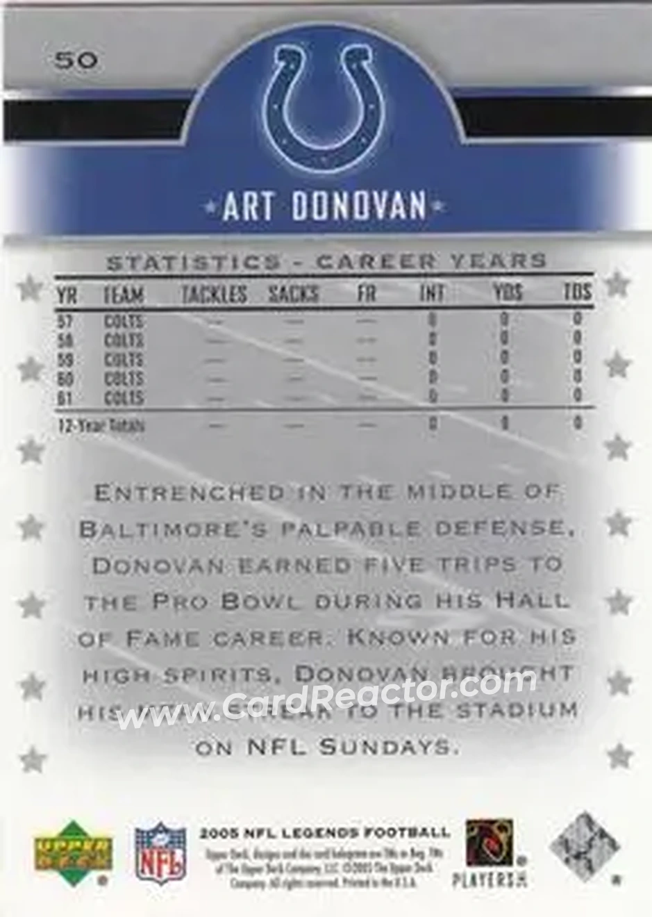 2005 Upper Deck Legends #50 - Art Donovan - Baltimore Colts - Back
