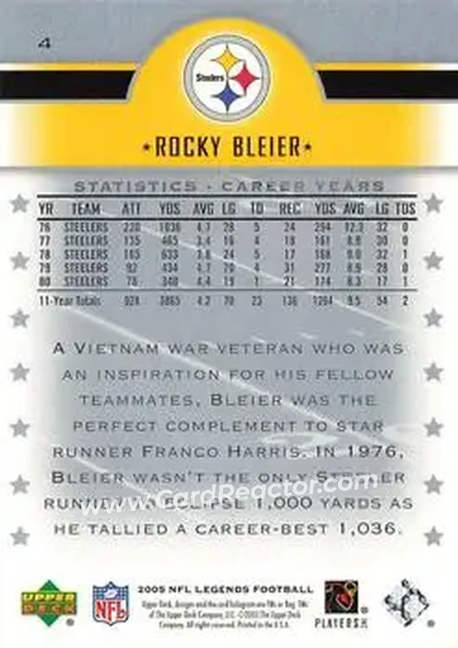 2005 Upper Deck Legends #4 - Rocky Bleier - Pittsburgh Steelers - Back