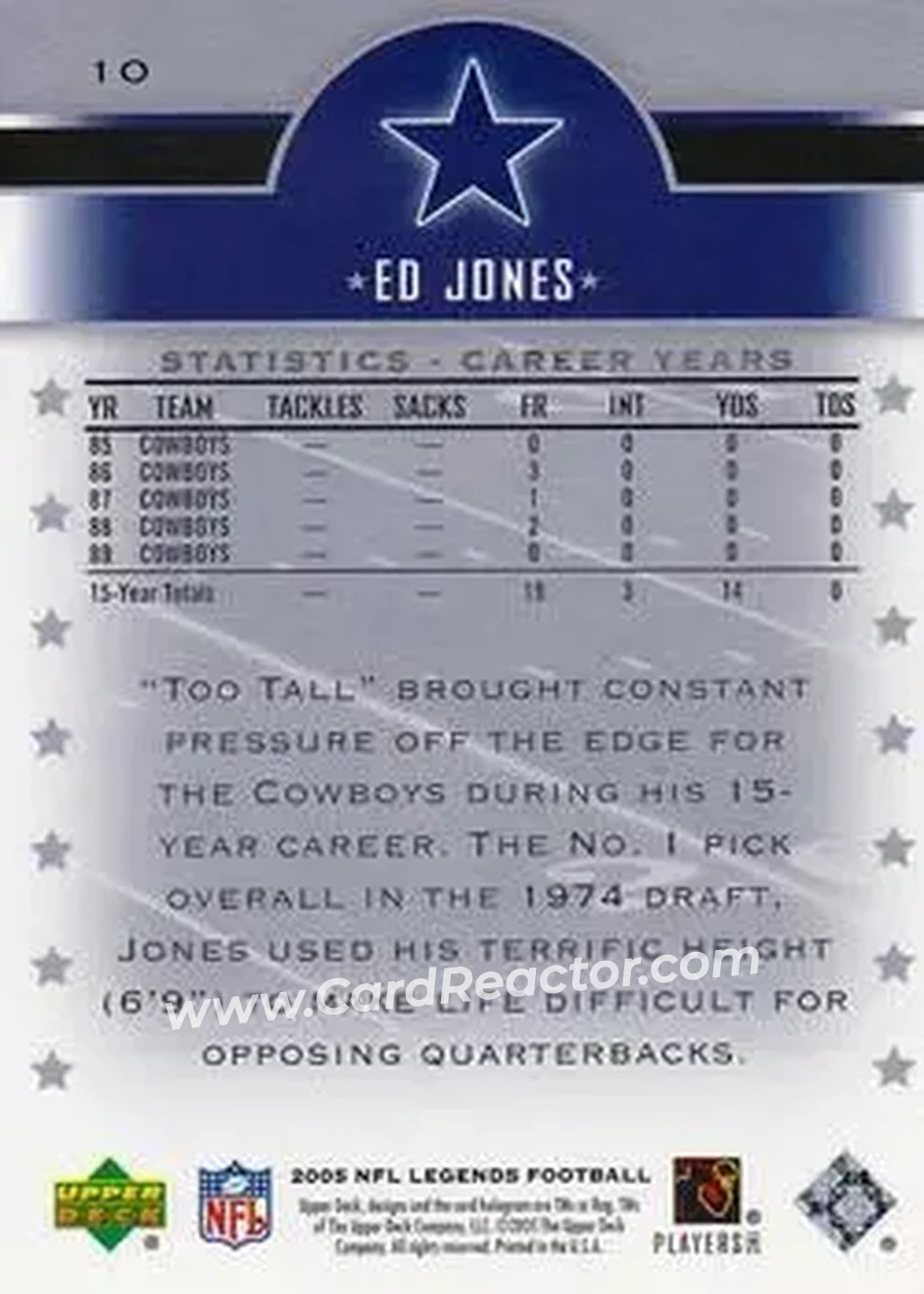 2005 Upper Deck Legends #10 - Ed "Too Tall" Jones - Dallas Cowboys - Back 2005 Upper Deck Legends #10 - Ed "Too Tall" Jones - Dallas Cowboys - Back