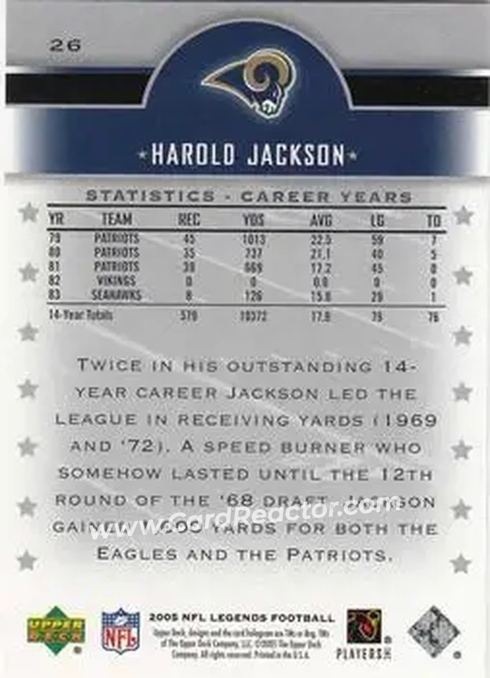 2005 Upper Deck Legends #26 - Harold Jackson - Los Angeles Rams - Back