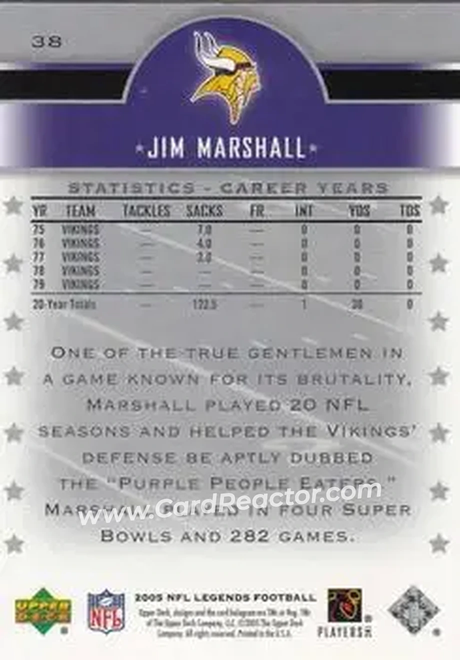 2005 Upper Deck Legends #38 - Jim Marshall - Minnesota Vikings - Back 2005 Upper Deck Legends #38 - Jim Marshall - Minnesota Vikings - Back