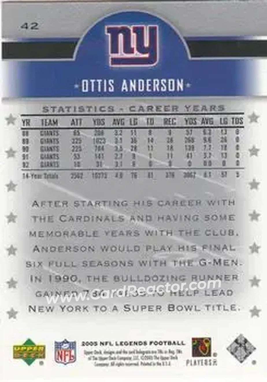 2005 Upper Deck Legends #42 - Ottis Anderson - New York Giants - Back 2005 Upper Deck Legends #42 - Ottis Anderson - New York Giants - Back