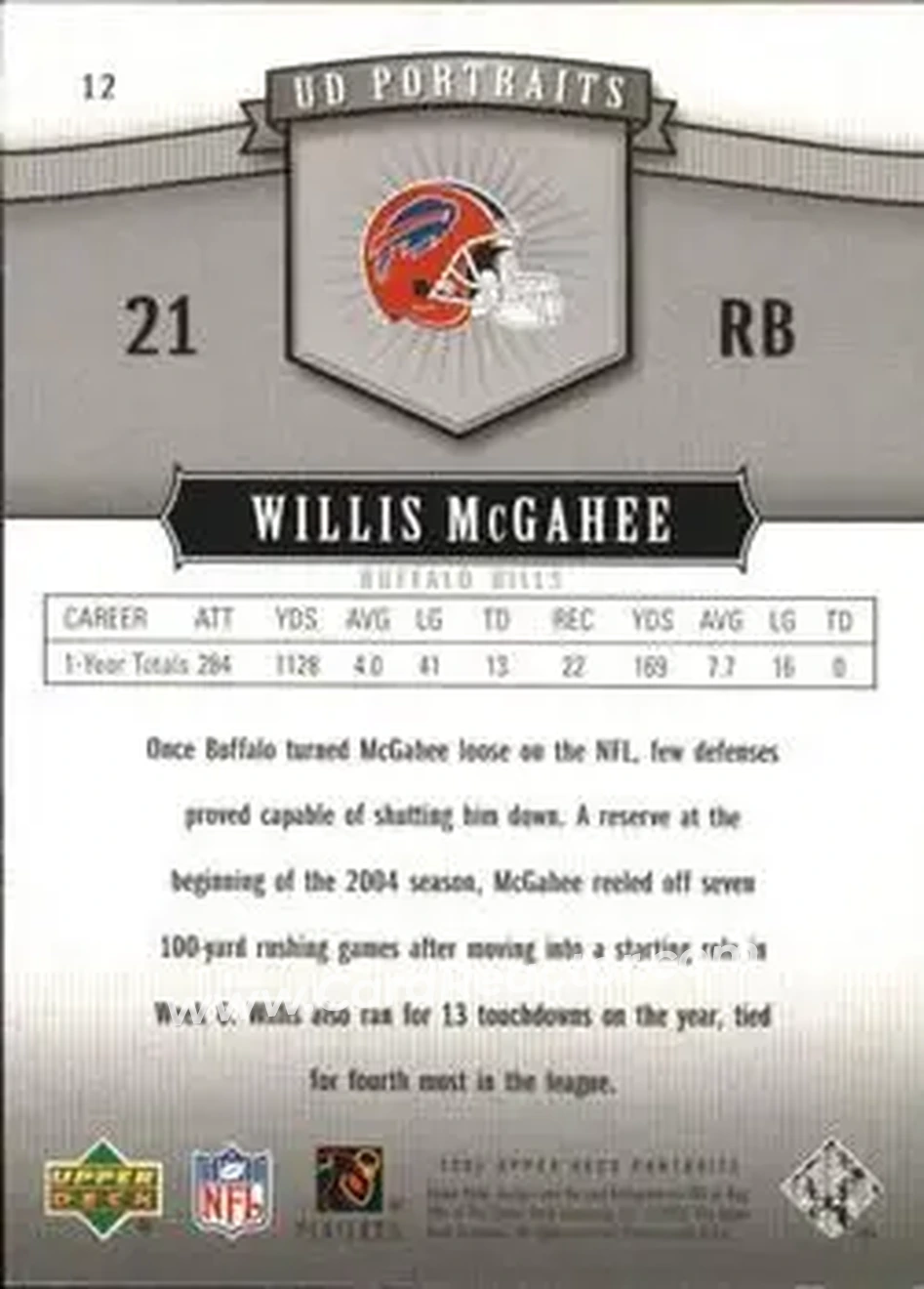 2005 Upper Deck Portraits #12 - Willis McGahee - Buffalo Bills - Back