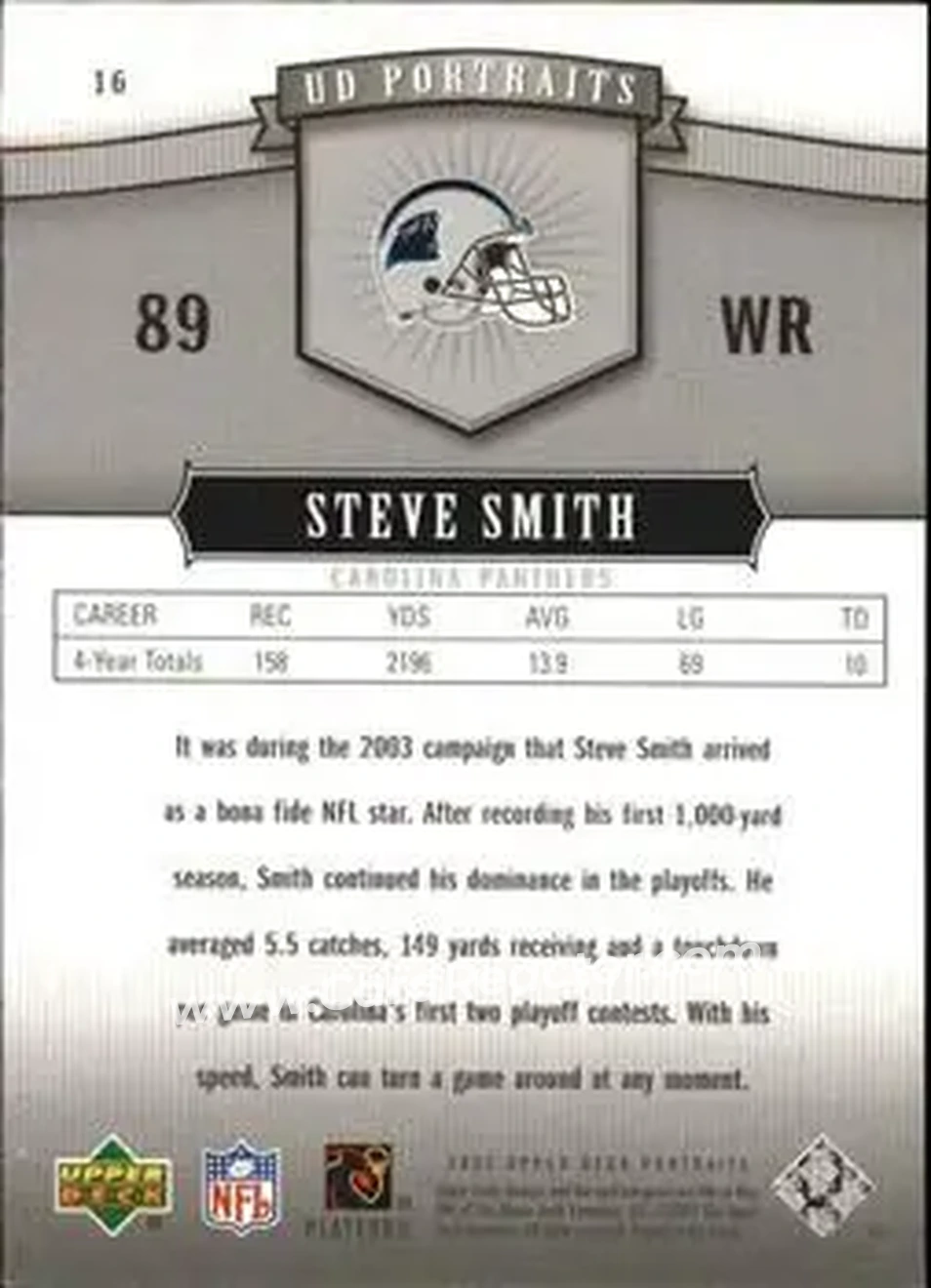 2005 Upper Deck Portraits #16 - Steve Smith Sr. - Carolina Panthers - Back 2005 Upper Deck Portraits #16 - Steve Smith Sr. - Carolina Panthers - Back