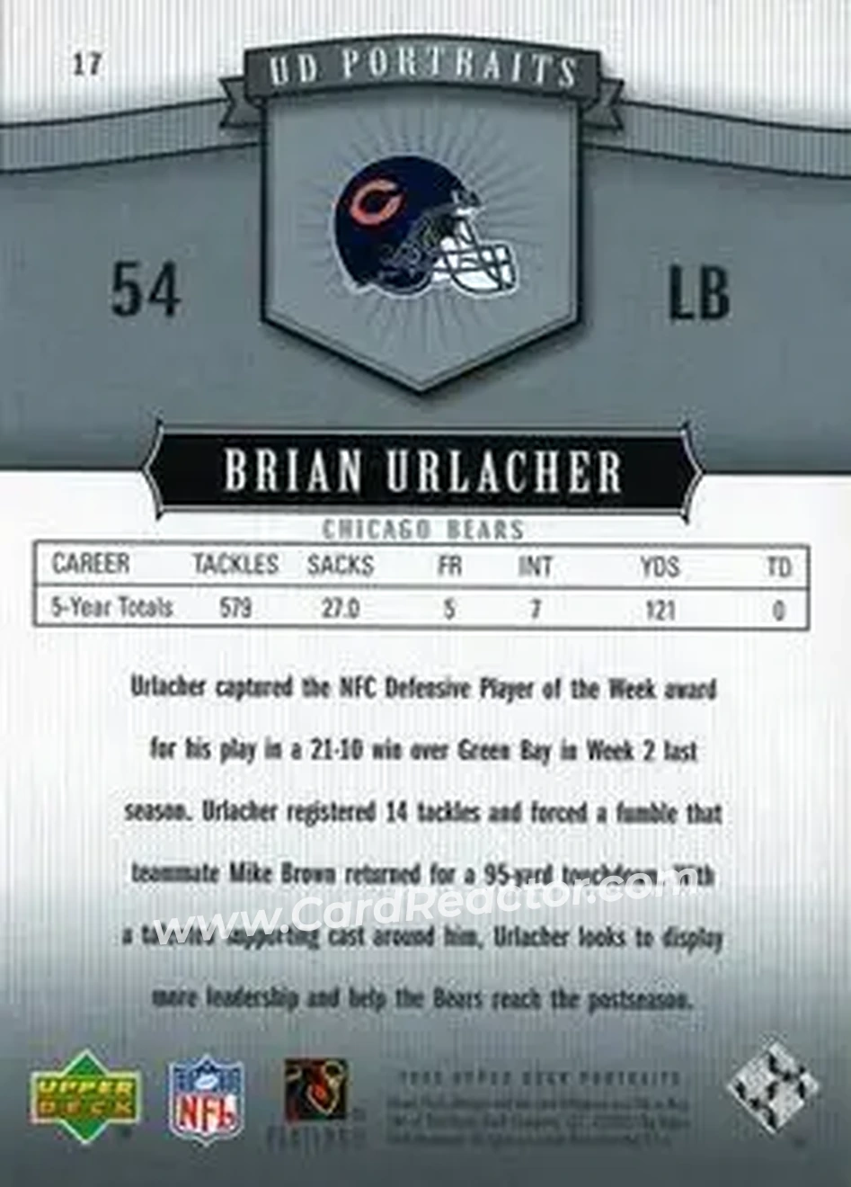 2005 Upper Deck Portraits #17 - Brian Urlacher - Chicago Bears - Back 2005 Upper Deck Portraits #17 - Brian Urlacher - Chicago Bears - Back