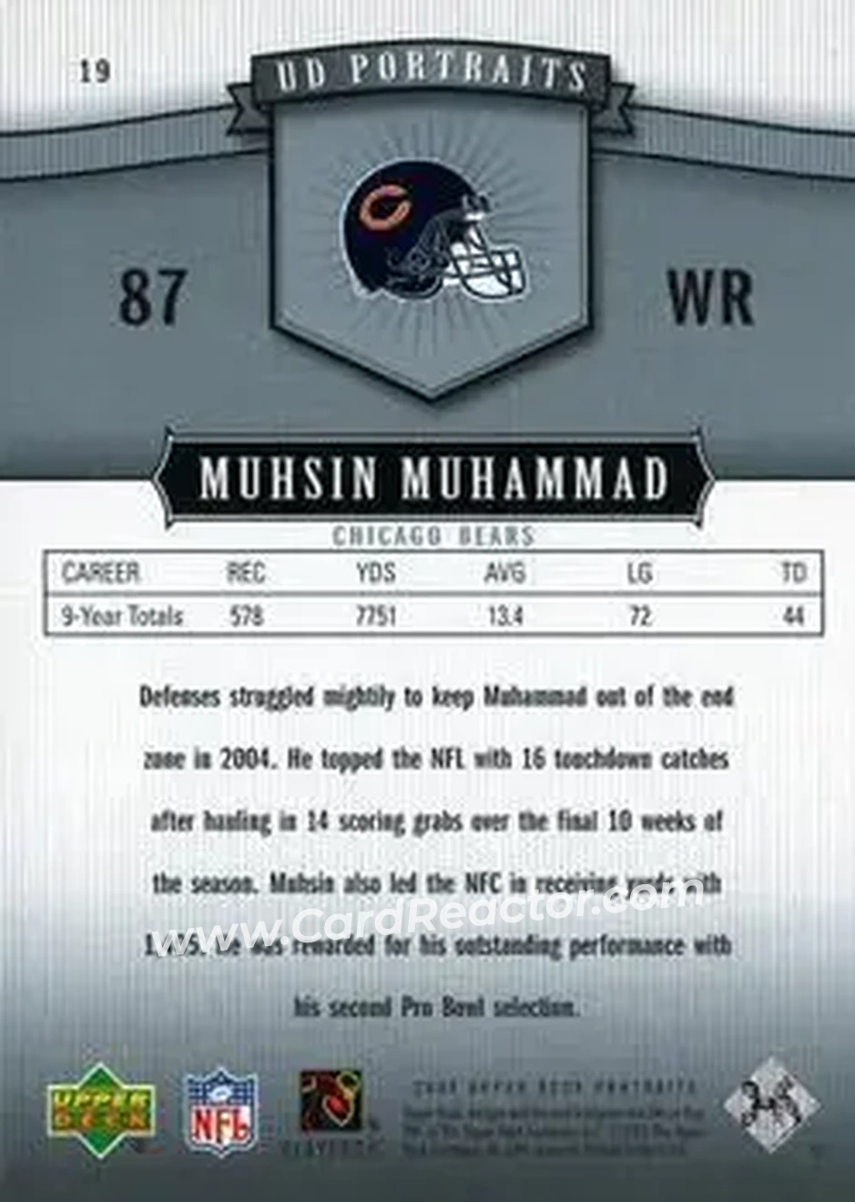 2005 Upper Deck Portraits #19 - Muhsin Muhammad - Chicago Bears - Back 2005 Upper Deck Portraits #19 - Muhsin Muhammad - Chicago Bears - Back
