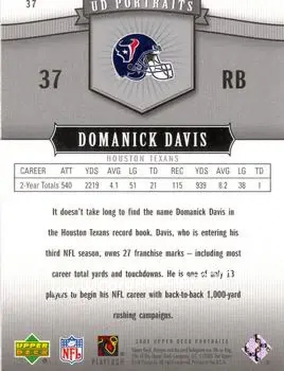 2005 Upper Deck Portraits #37 - Domanick Davis - Houston Texans - Back