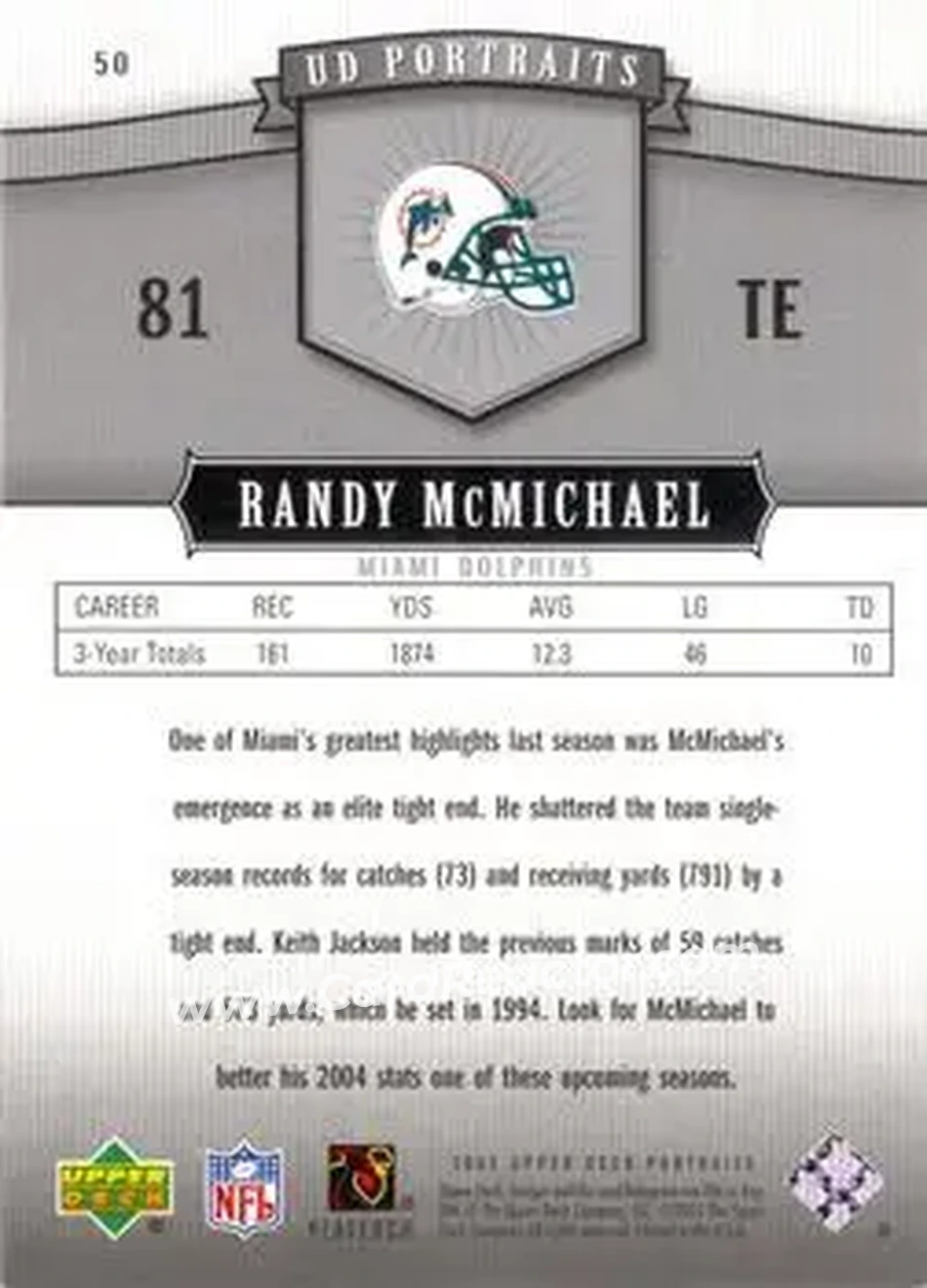 2005 Upper Deck Portraits #50 - Randy McMichael - Miami Dolphins - Back