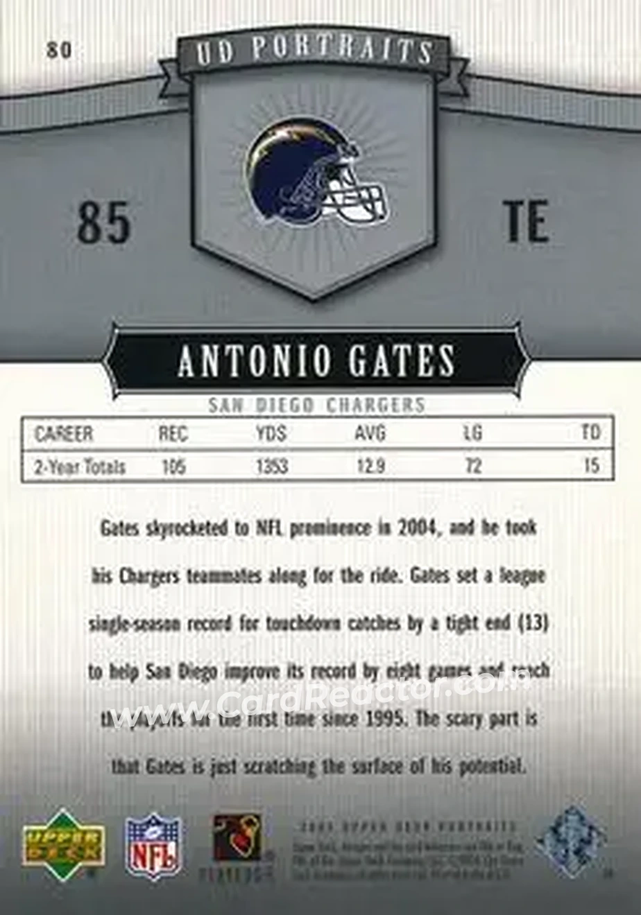 2005 Upper Deck Portraits #80 - Antonio Gates - San Diego Chargers - Back