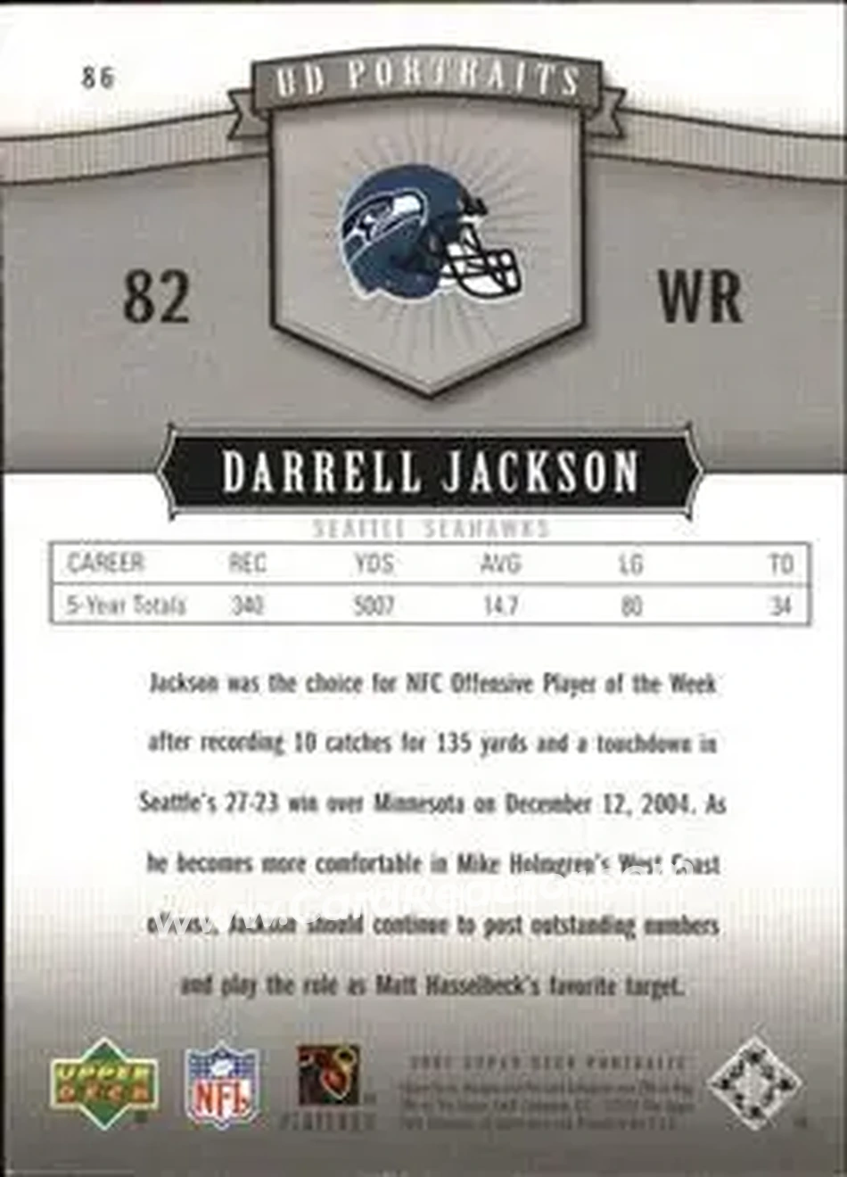2005 Upper Deck Portraits #86 - Darrell Jackson - Seattle Seahawks - Back 2005 Upper Deck Portraits #86 - Darrell Jackson - Seattle Seahawks - Back