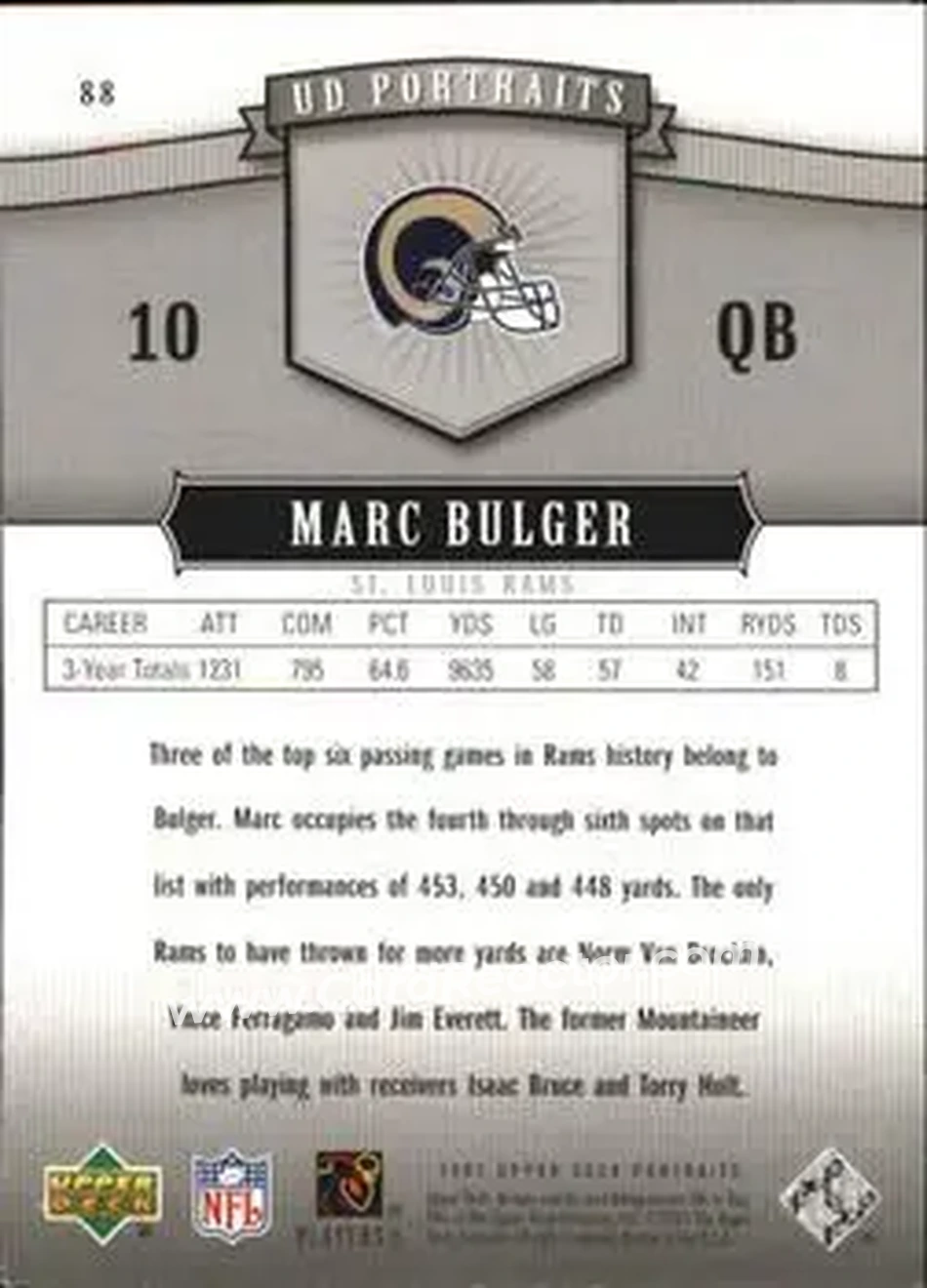 2005 Upper Deck Portraits #88 - Marc Bulger - St. Louis Rams - Back