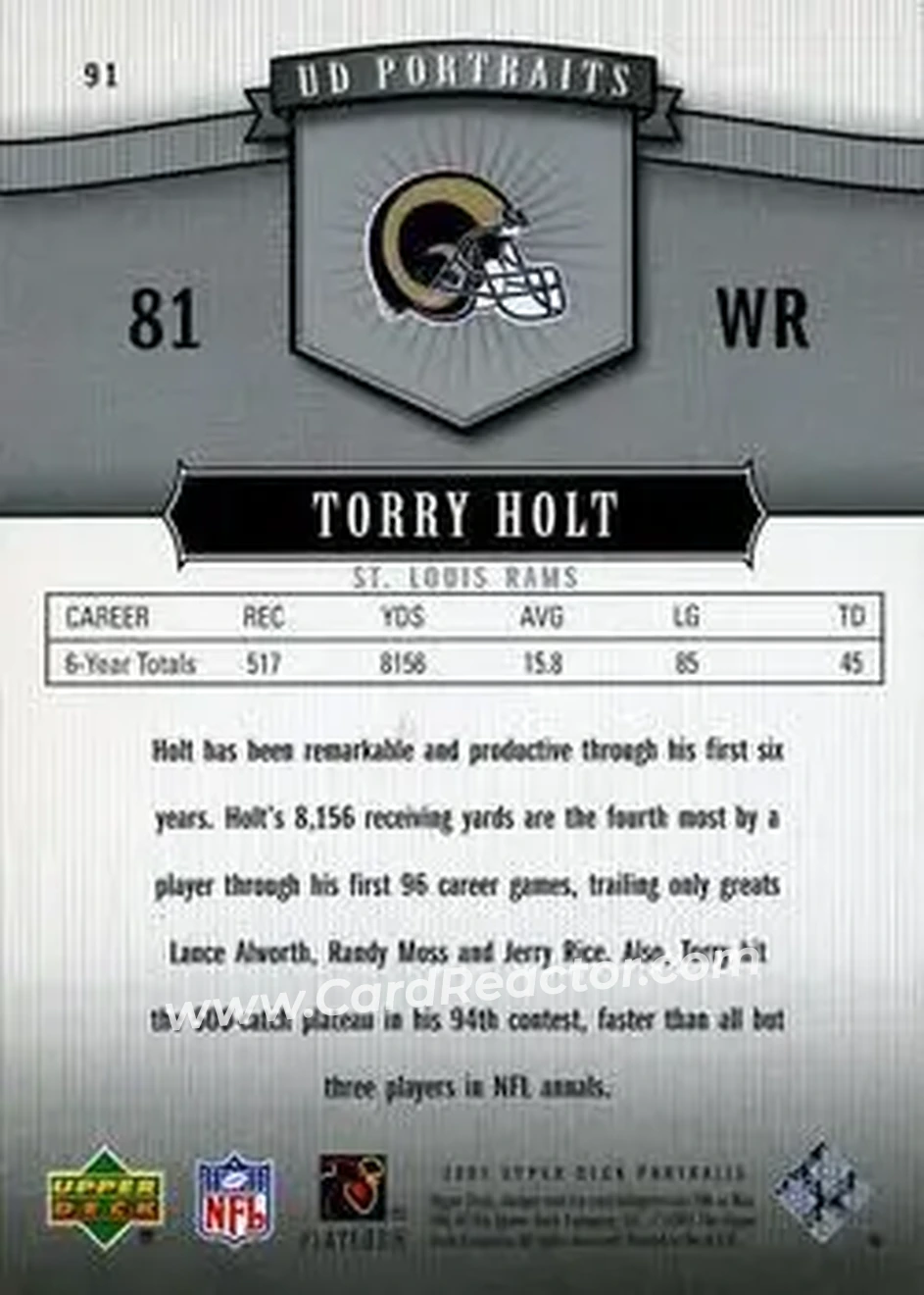2005 Upper Deck Portraits #91 - Torry Holt - St. Louis Rams - Back