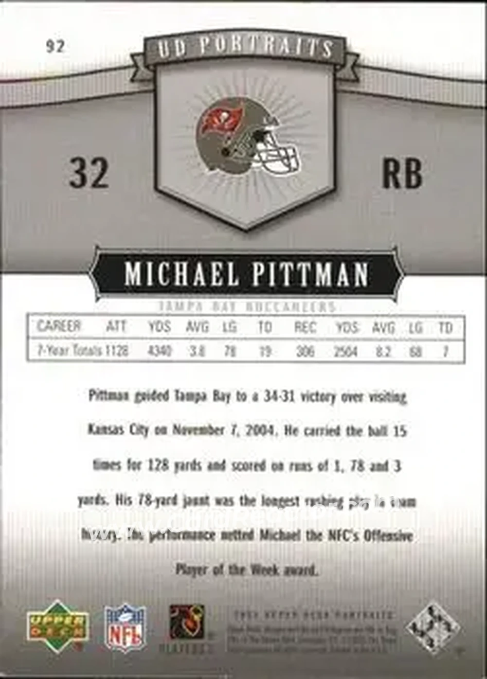 2005 Upper Deck Portraits #92 - Michael Pittman - Tampa Bay Buccaneers - Back
