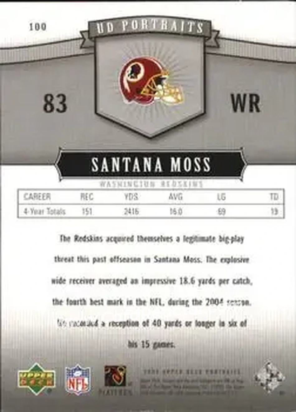 2005 Upper Deck Portraits #100 - Santana Moss - Washington Redskins - Back 2005 Upper Deck Portraits #100 - Santana Moss - Washington Redskins - Back
