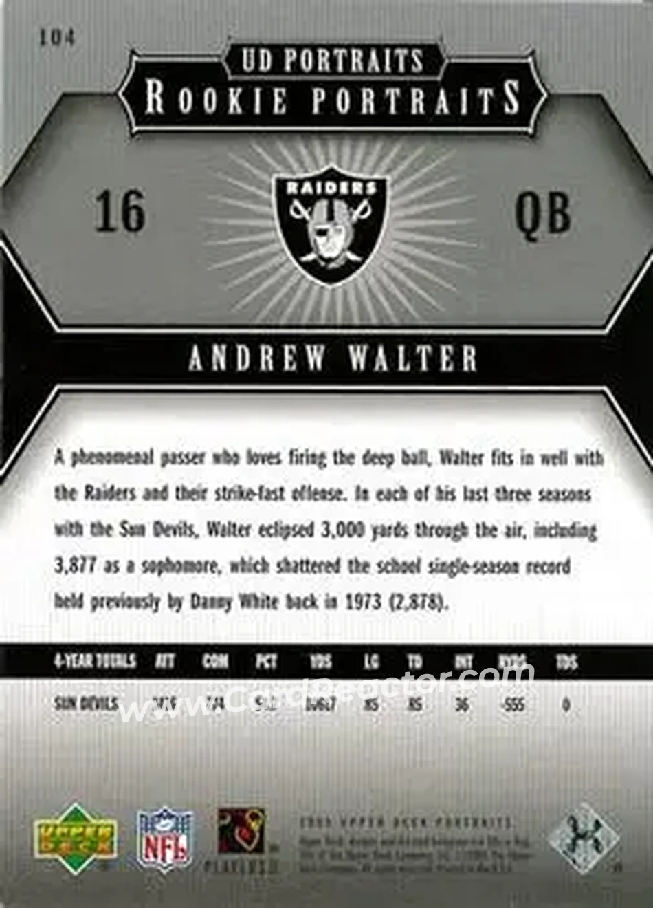 2005 Upper Deck Portraits #104 - Andrew Walter - Oakland Raiders - Back