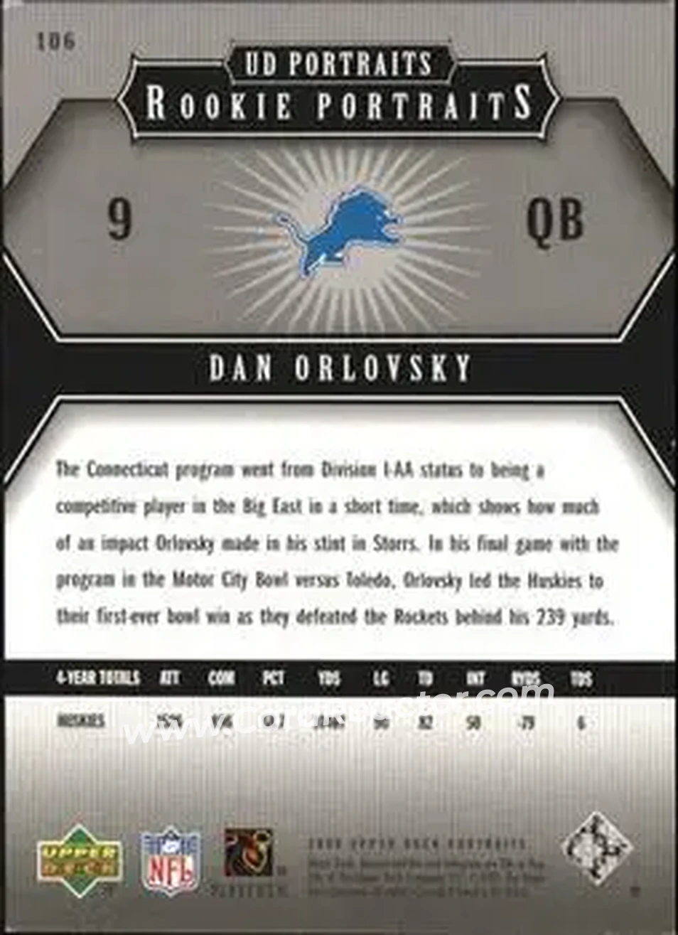 2005 Upper Deck Portraits #106 - Dan Orlovsky - Detroit Lions - Back