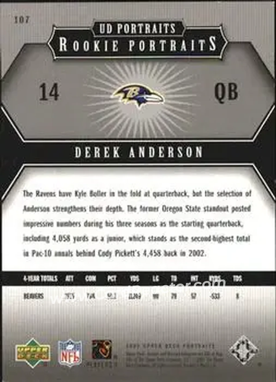 2005 Upper Deck Portraits #107 - Derek Anderson - Baltimore Ravens - Back