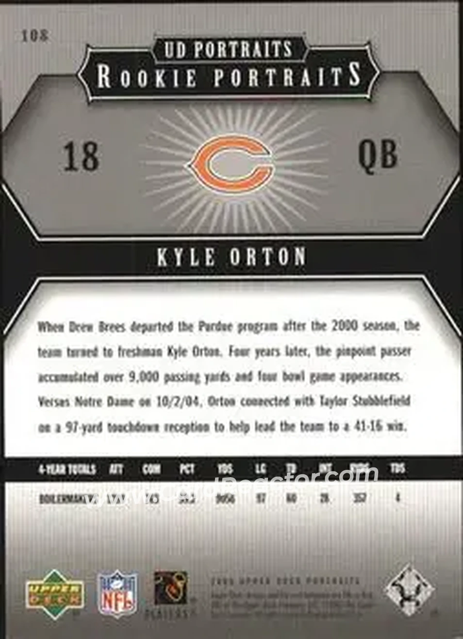 2005 Upper Deck Portraits #108 - Kyle Orton - Chicago Bears - Back