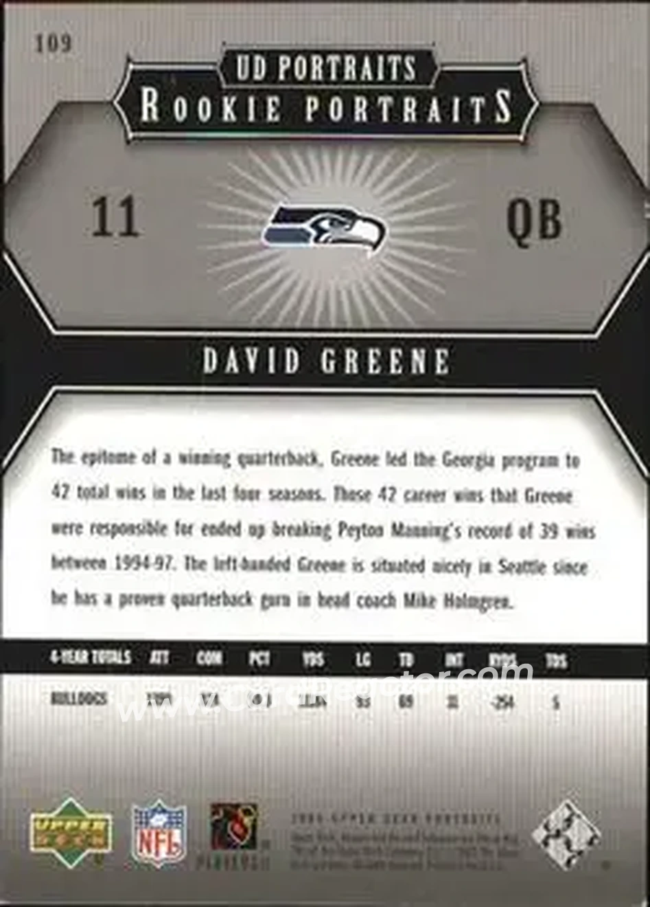 2005 Upper Deck Portraits #109 - David Greene - Seattle Seahawks - Back