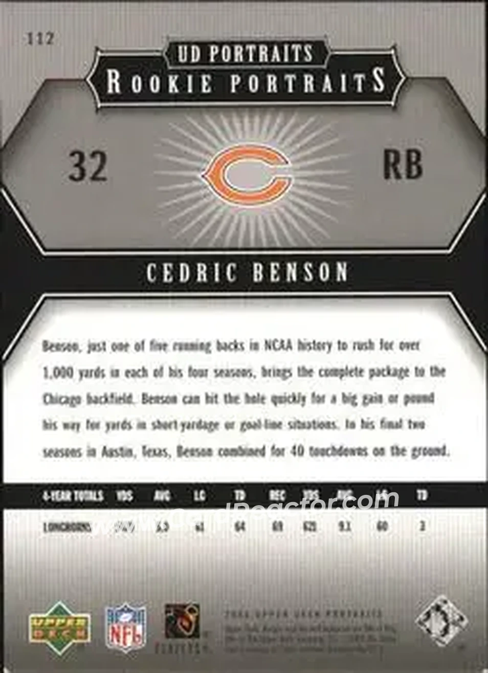 2005 Upper Deck Portraits #112 - Cedric Benson - Chicago Bears - Back