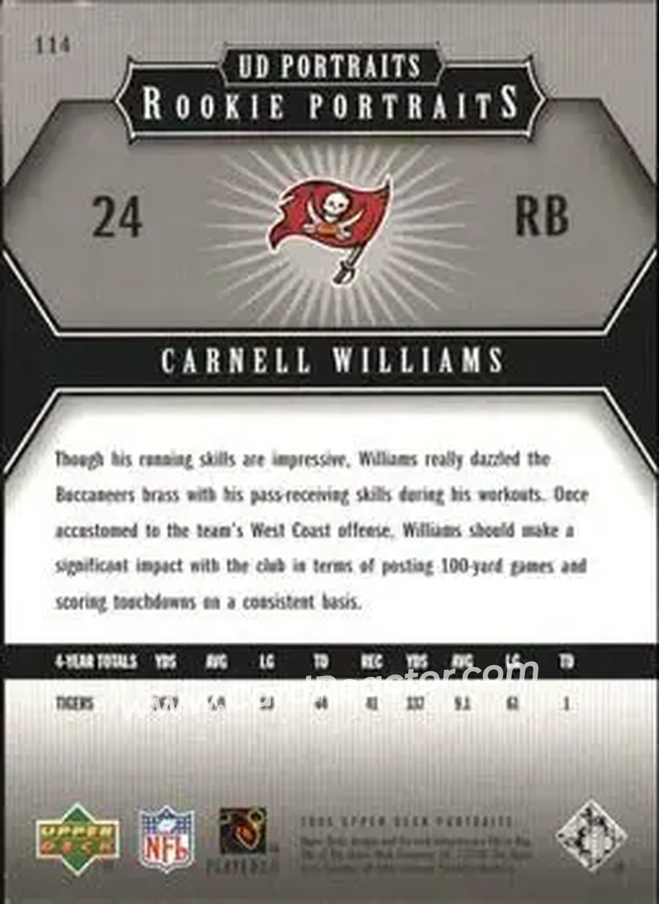 2005 Upper Deck Portraits #114 - Cadillac Williams - Tampa Bay Buccaneers - Back 2005 Upper Deck Portraits #114 - Cadillac Williams - Tampa Bay Buccaneers - Back