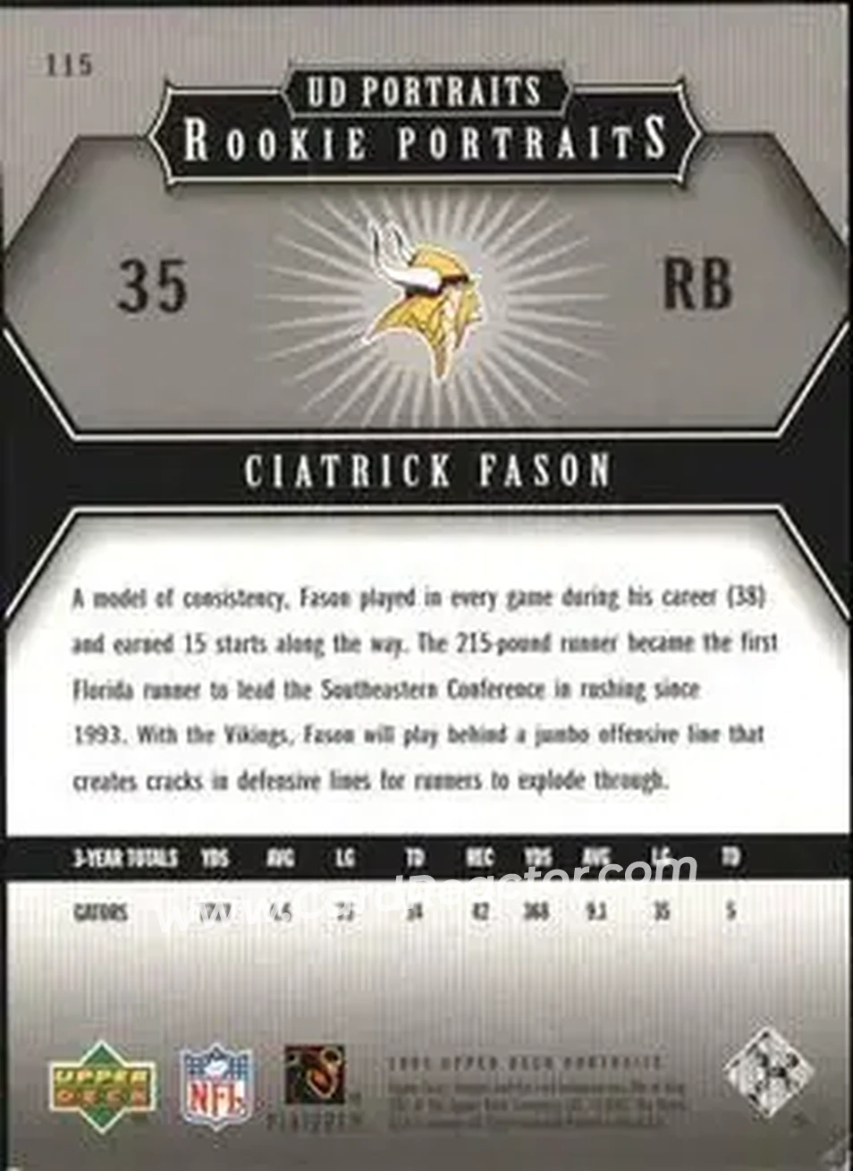 2005 Upper Deck Portraits #115 - Ciatrick Fason - Minnesota Vikings - Back