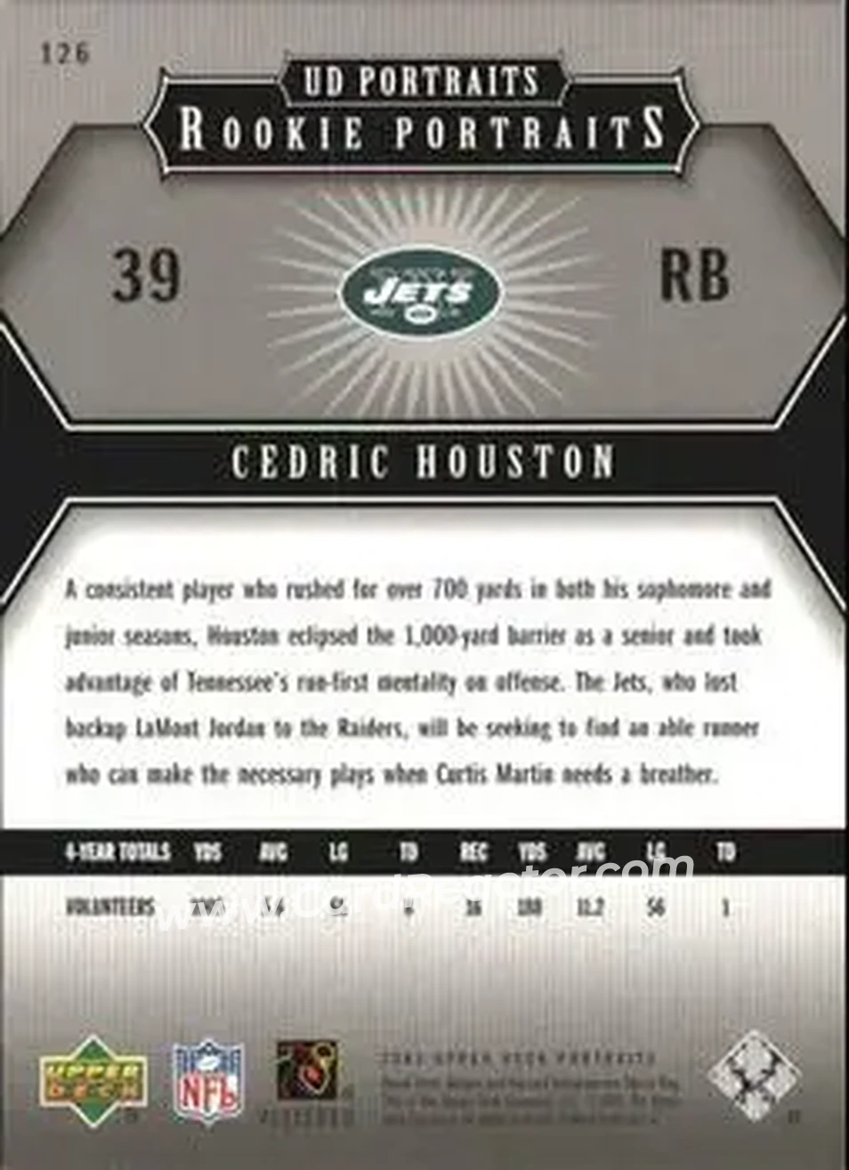 2005 Upper Deck Portraits #126 - Cedric Houston - New York Jets - Back 2005 Upper Deck Portraits #126 - Cedric Houston - New York Jets - Back