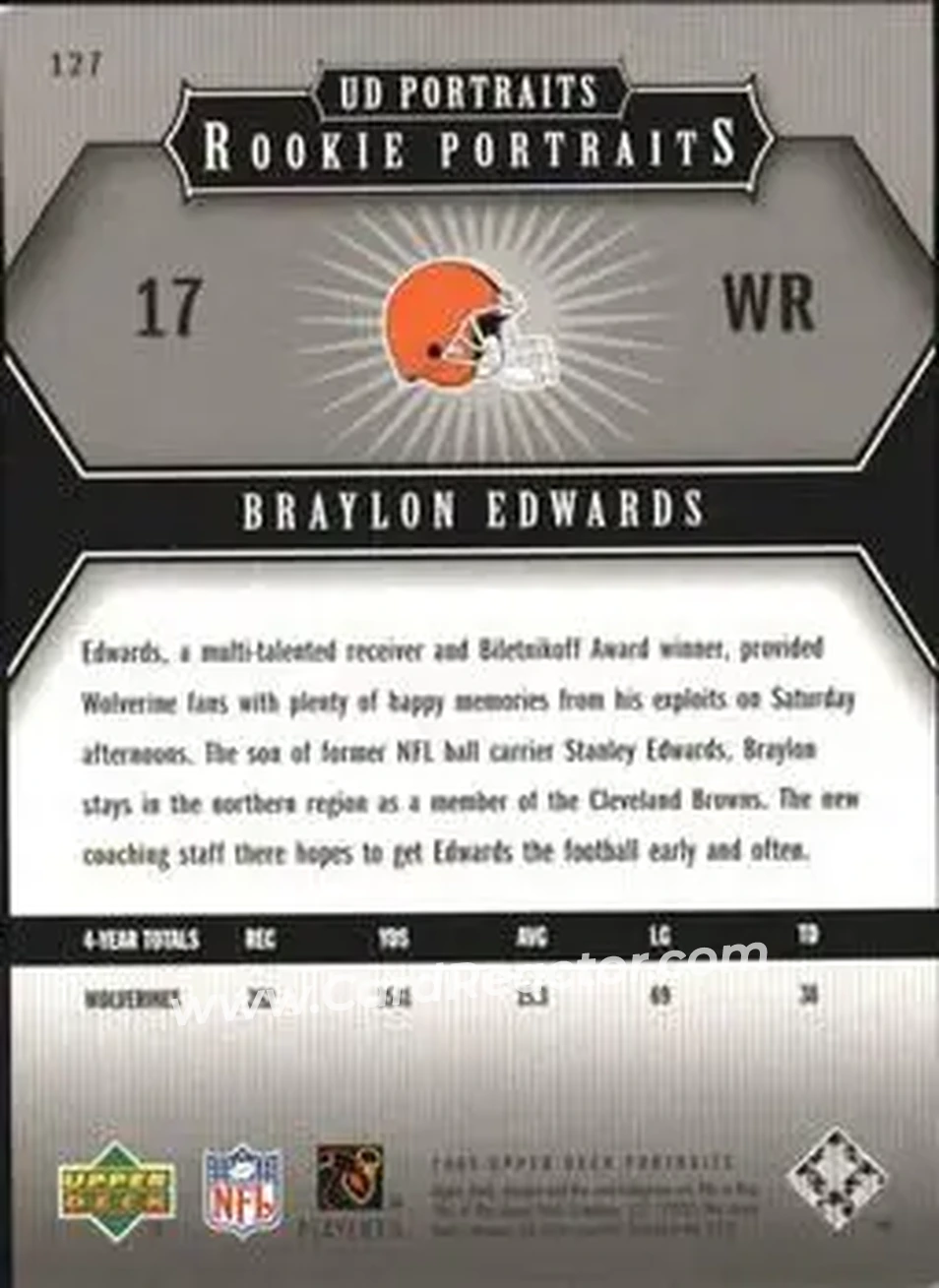 2005 Upper Deck Portraits #127 - Braylon Edwards - Cleveland Browns - Back 2005 Upper Deck Portraits #127 - Braylon Edwards - Cleveland Browns - Back