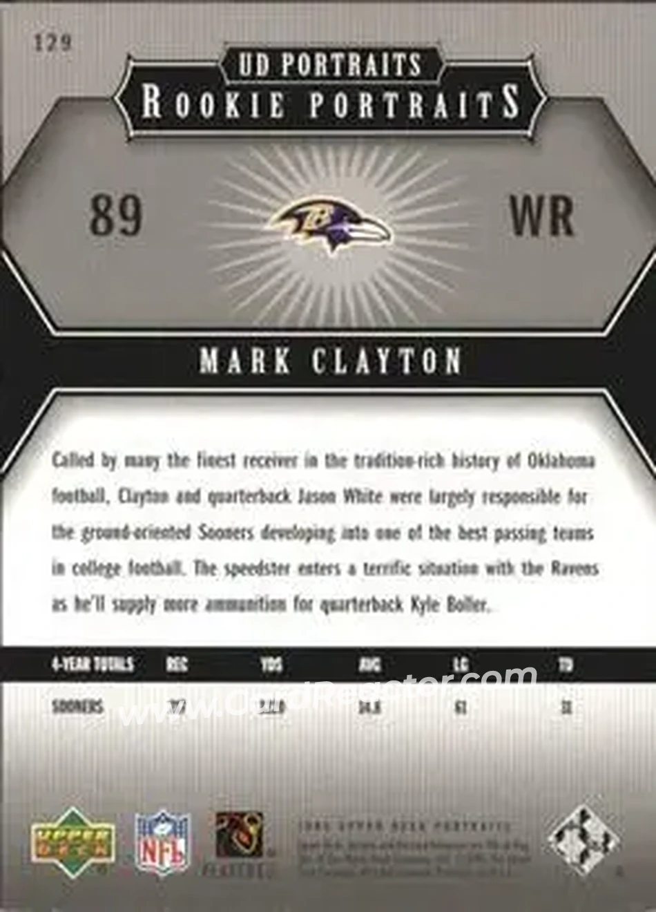 2005 Upper Deck Portraits #129 - Mark Clayton - Baltimore Ravens - Back 2005 Upper Deck Portraits #129 - Mark Clayton - Baltimore Ravens - Back