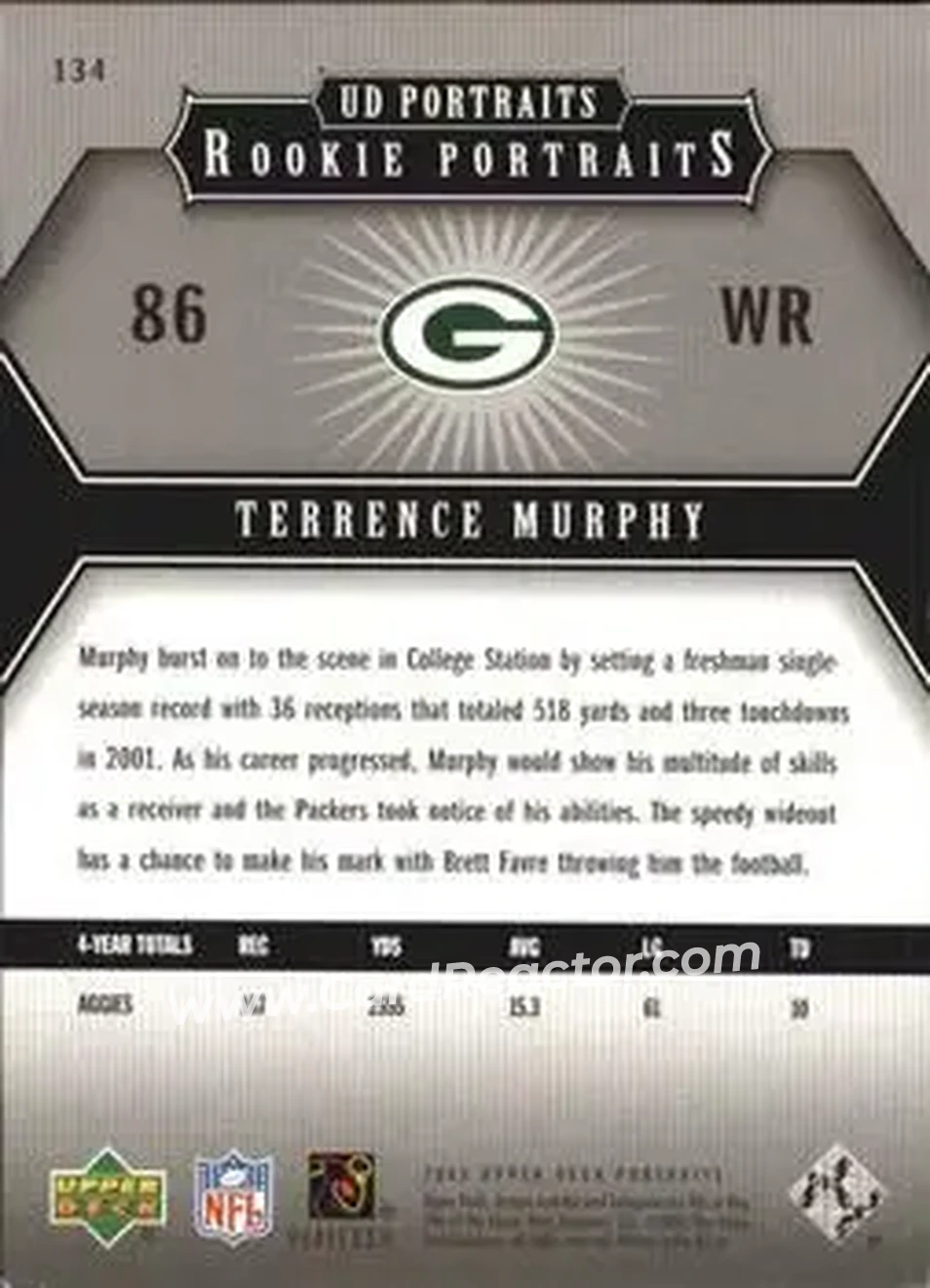 2005 Upper Deck Portraits #134 - Terrence Murphy - Green Bay Packers - Back 2005 Upper Deck Portraits #134 - Terrence Murphy - Green Bay Packers - Back