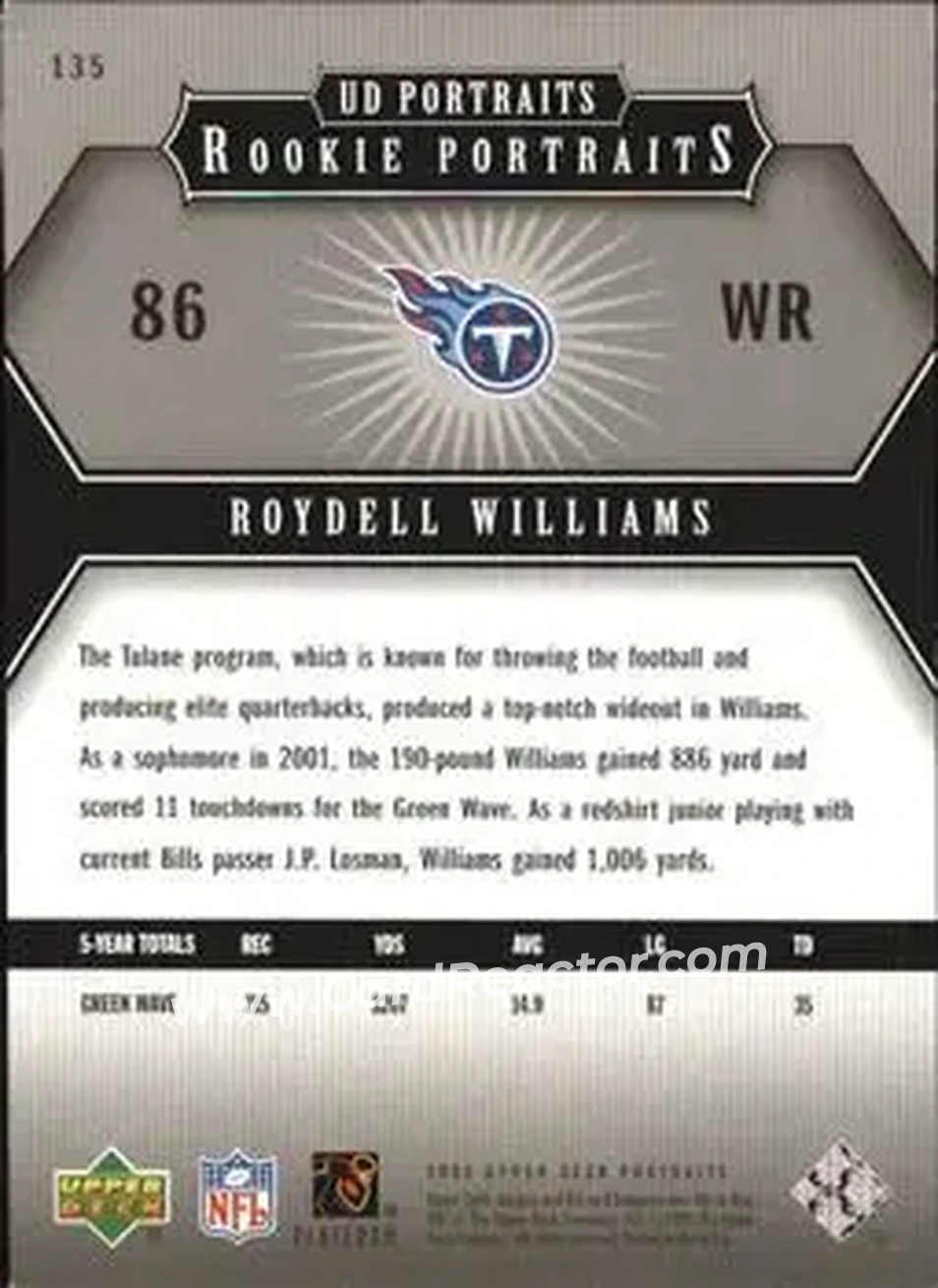 2005 Upper Deck Portraits #135 - Roydell Williams - Tennessee Titans - Back 2005 Upper Deck Portraits #135 - Roydell Williams - Tennessee Titans - Back