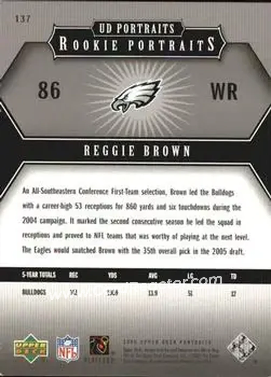 2005 Upper Deck Portraits #137 - Reggie Brown - Philadelphia Eagles - Back
