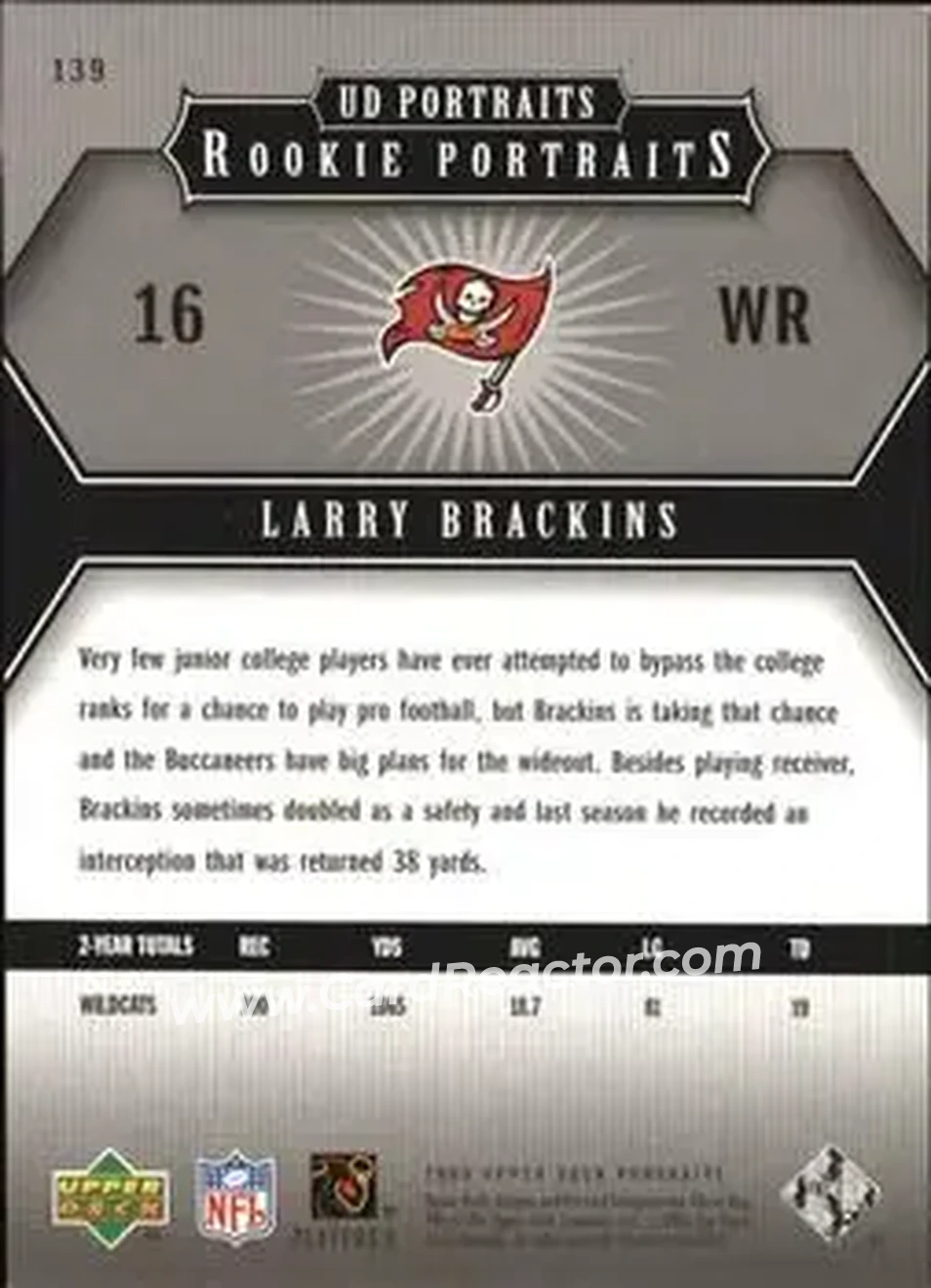 2005 Upper Deck Portraits #139 - Larry Brackins - Tampa Bay Buccaneers - Back 2005 Upper Deck Portraits #139 - Larry Brackins - Tampa Bay Buccaneers - Back