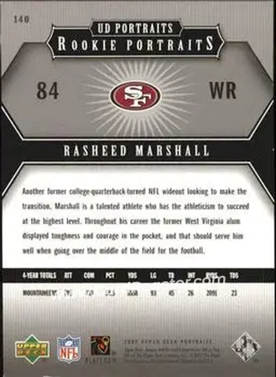 2005 Upper Deck Portraits #140 - Rasheed Marshall - San Francisco 49ers - Back