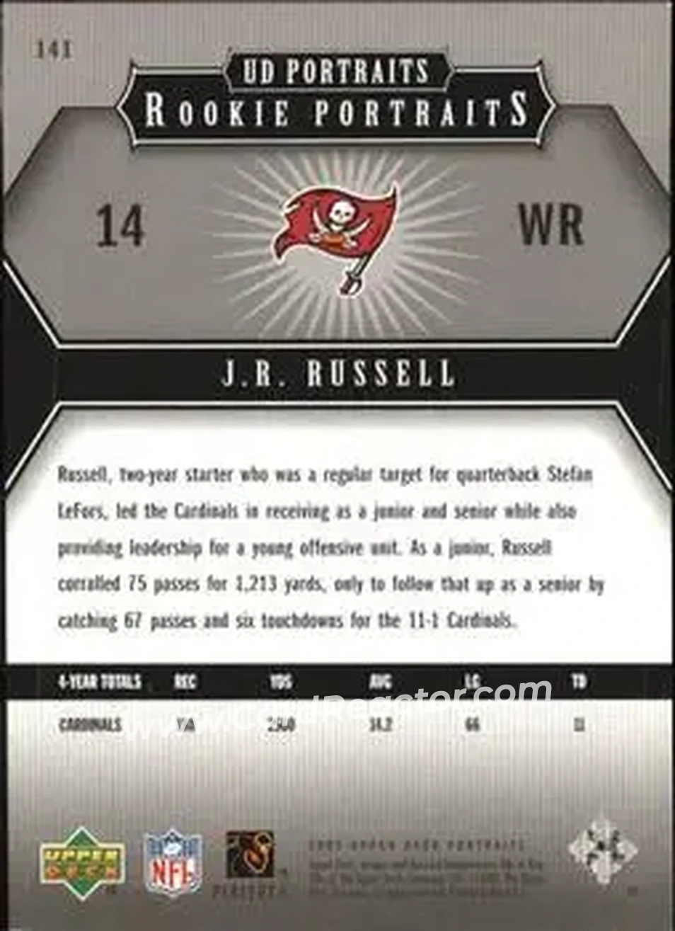 2005 Upper Deck Portraits #141 - J.R. Russell - Tampa Bay Buccaneers - Back 2005 Upper Deck Portraits #141 - J.R. Russell - Tampa Bay Buccaneers - Back