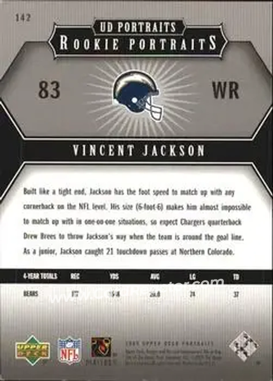 2005 Upper Deck Portraits #142 - Vincent Jackson - San Diego Chargers - Back 2005 Upper Deck Portraits #142 - Vincent Jackson - San Diego Chargers - Back