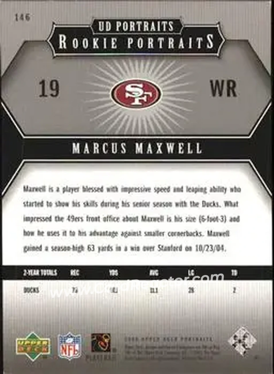 2005 Upper Deck Portraits #146 - Marcus Maxwell - San Francisco 49ers - Back