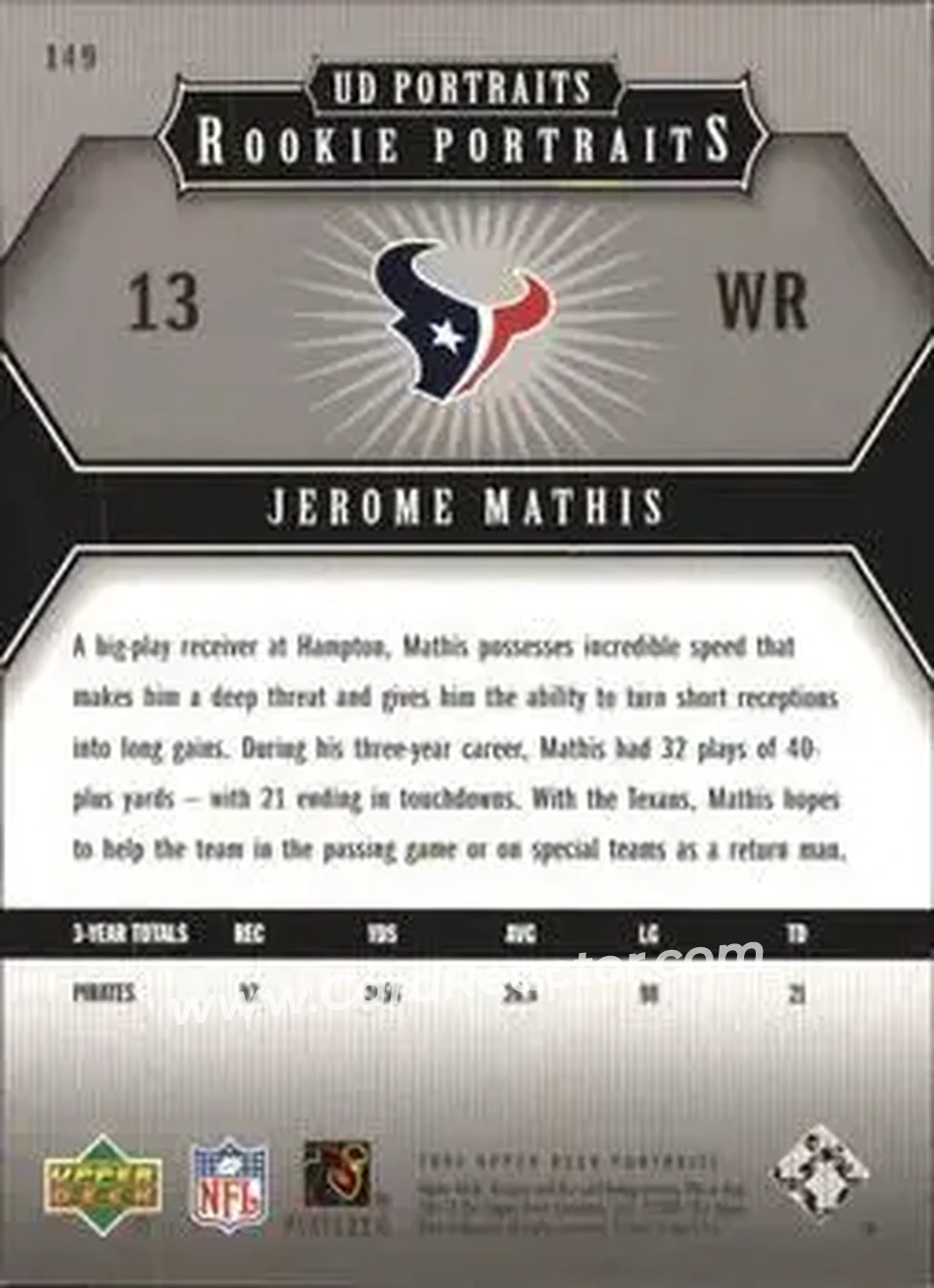 2005 Upper Deck Portraits #149 - Jerome Mathis - Houston Texans - Back